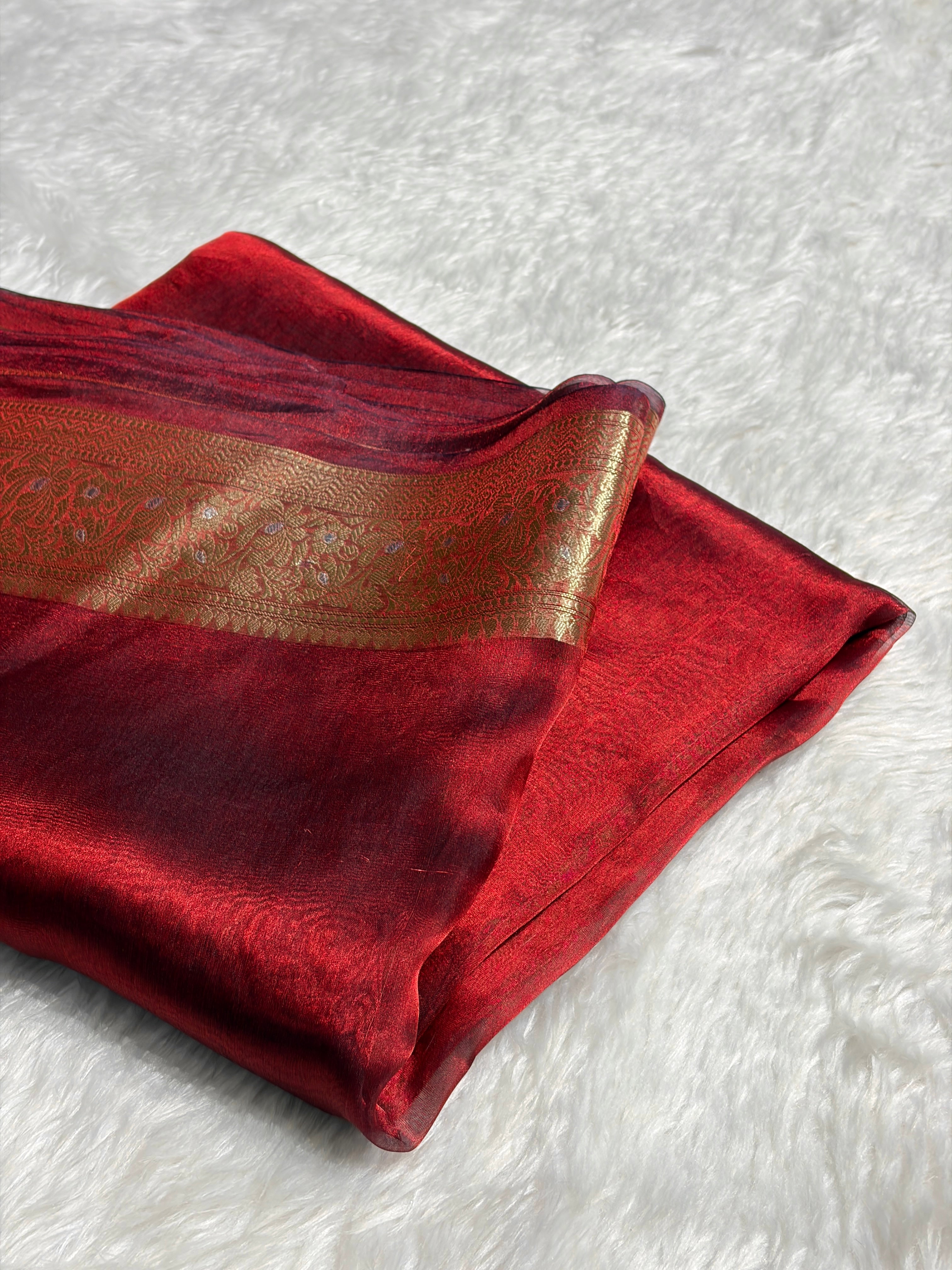 Cross Red Shades Pure Tissue Silk Saree with Brocade Blouse PT-31