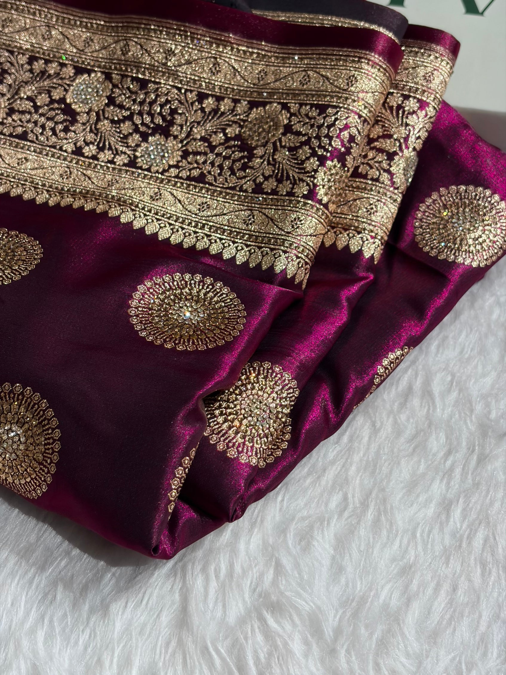 Wine Shades Banarasi With Swarovski Stone Work Satin Silk Saree BSS33
