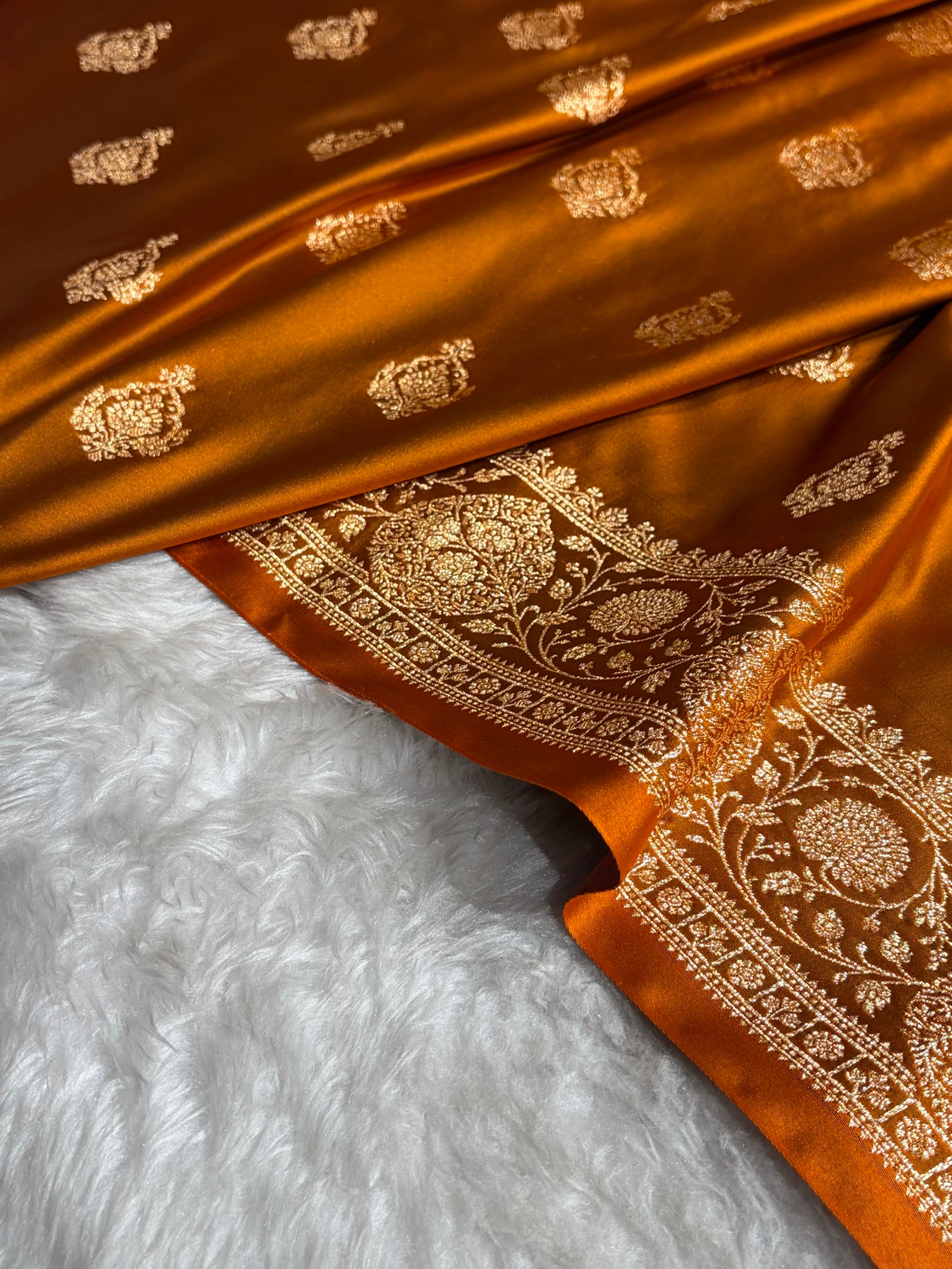 Banarasi Satin Katan Saree With Boota in Rust Shades SK98