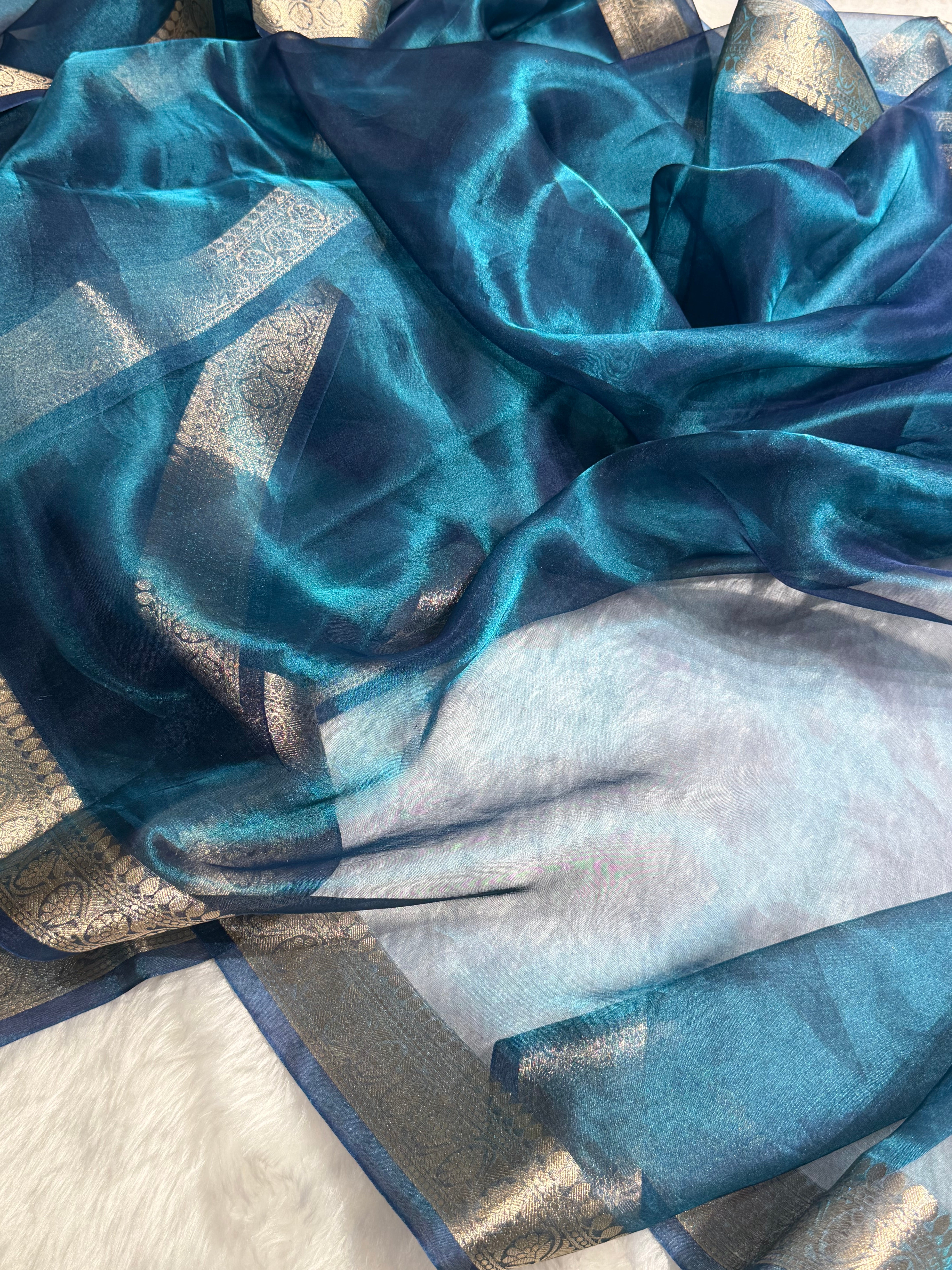 German Blue Tissue Silk Saree with Brocade Blouse PT-09