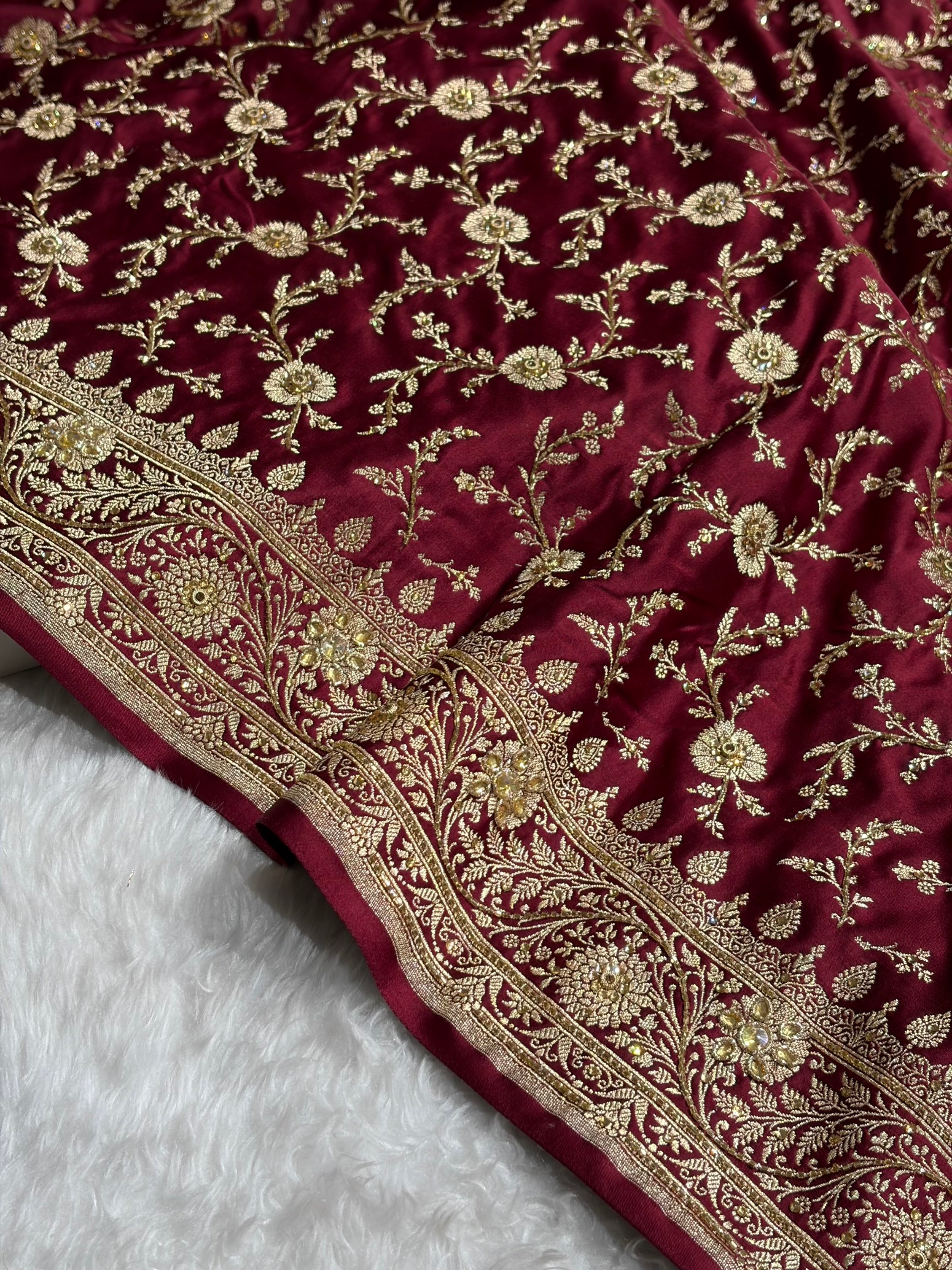 Garnet Shades Banarasi With Ari Zardozi Work Jaal Katan Silk Saree BSKM37