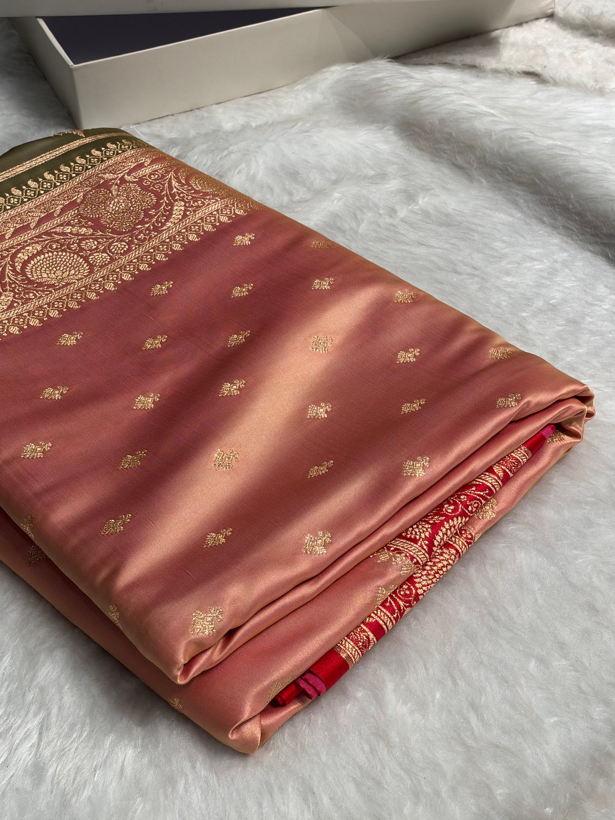 Banarasi Satin Katan Saree Floral Booti Pattern in Contrast Rose Gold / Maroon Shades SK153
