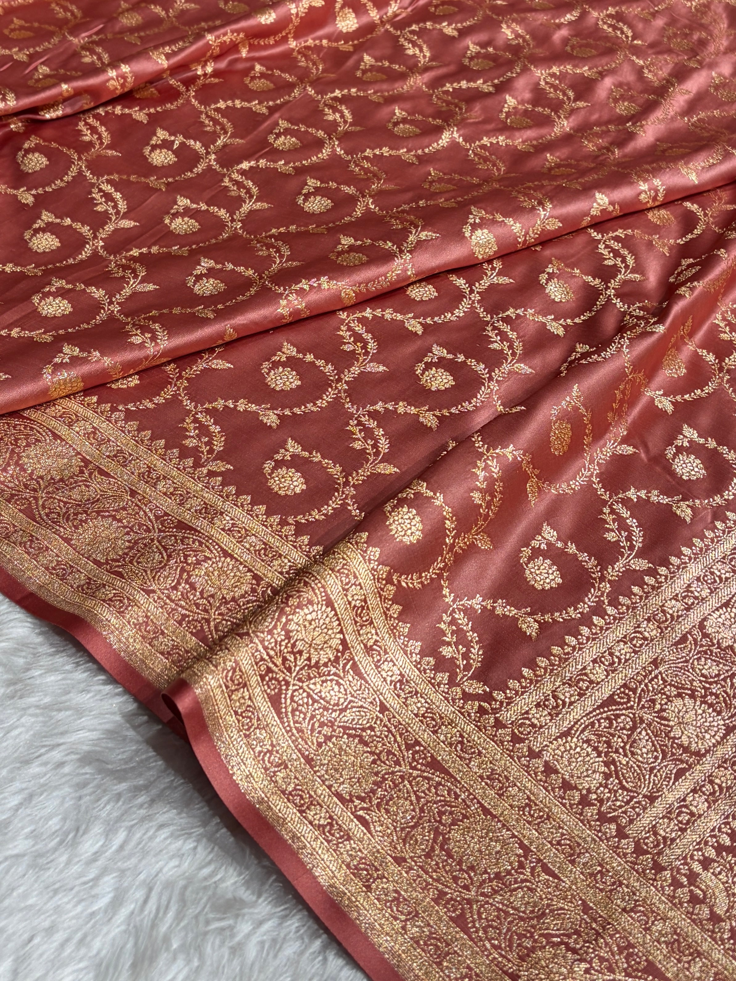 Dusty Peach Shades Floral Jaal Pattern Satin Katan Silk saree SK55