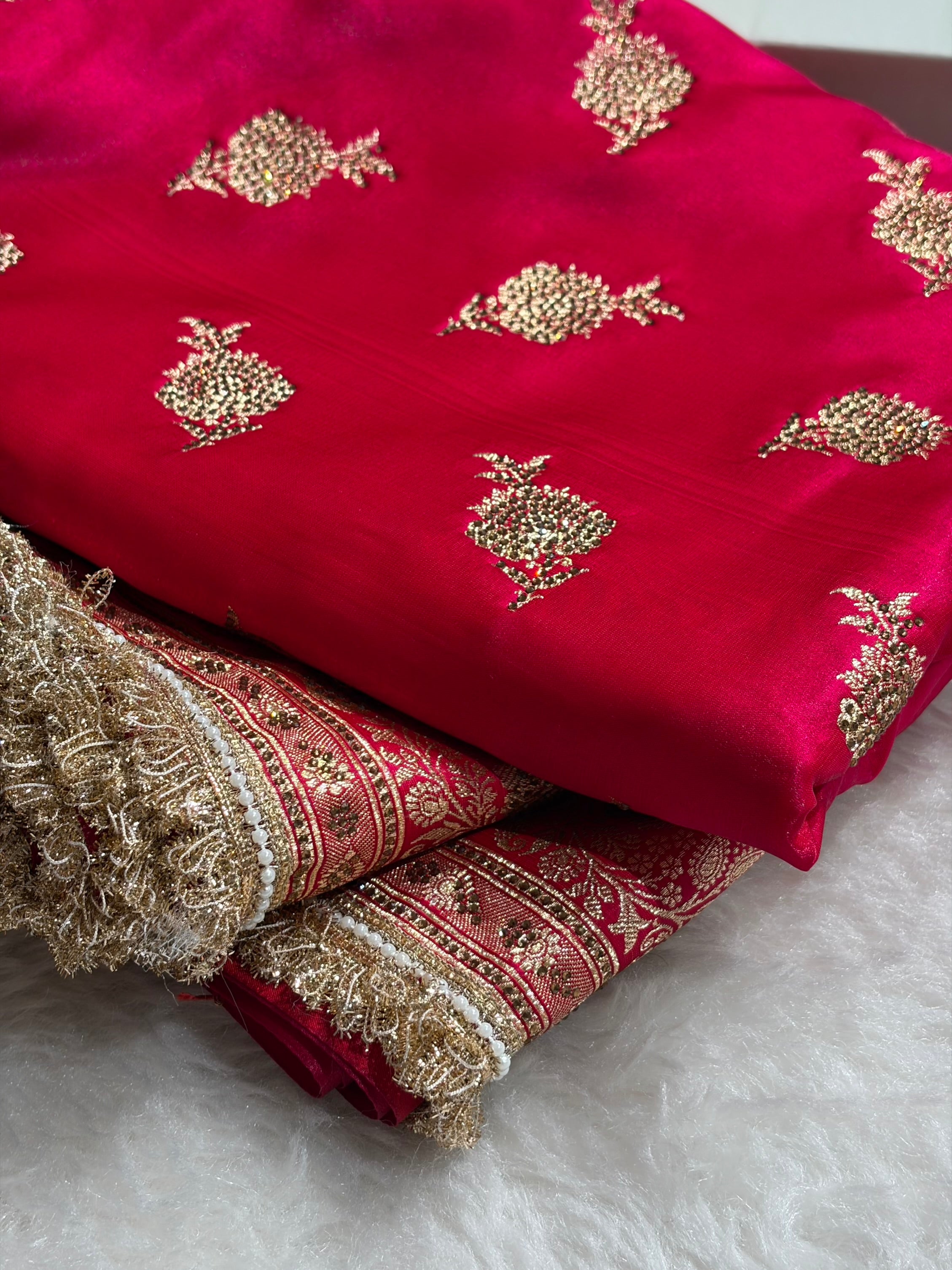 Satin Silk Saree Floral Boota With Swarovski & Gotta Patti Work in Cross Rani Shades BSSGP26