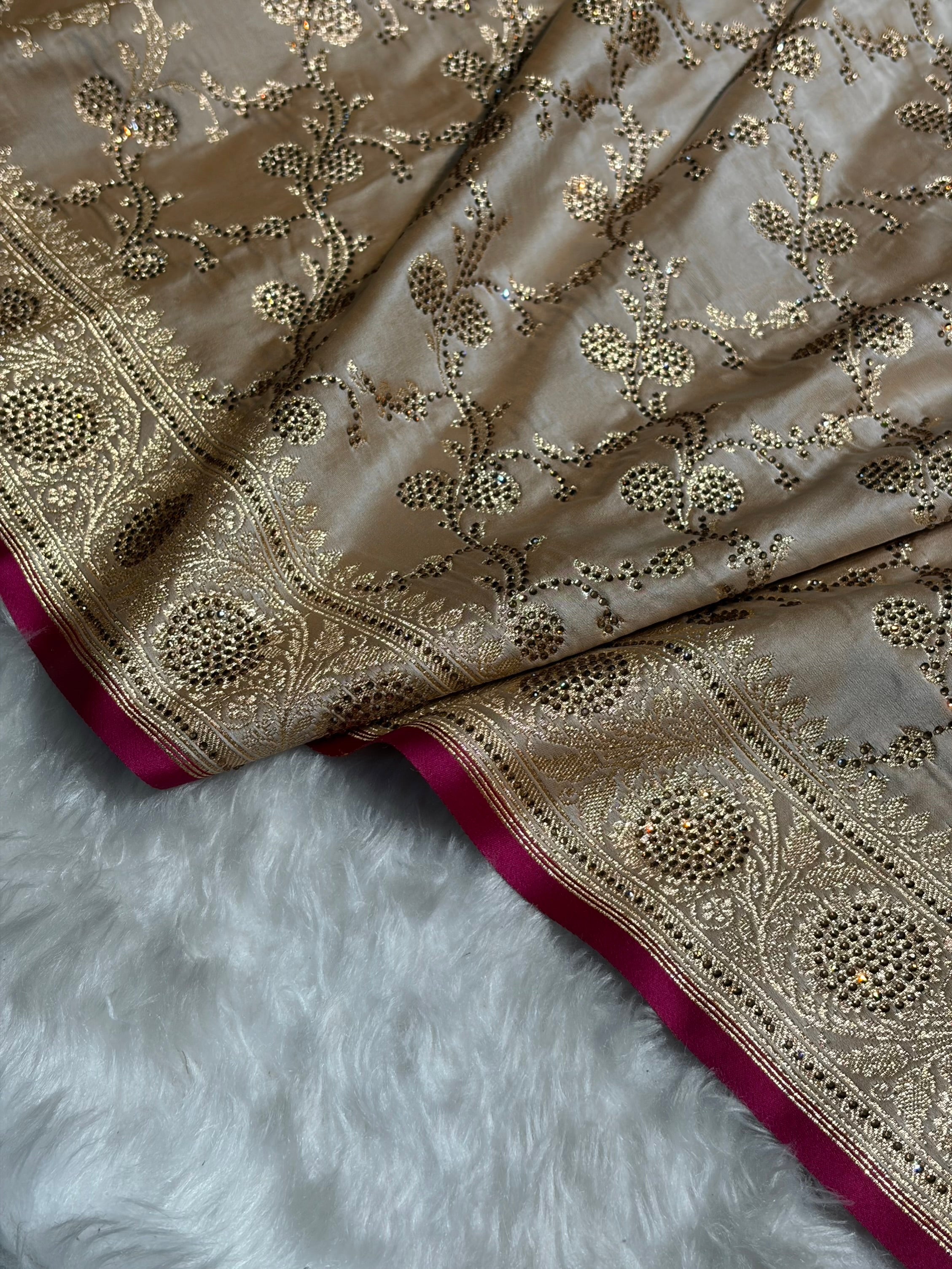 Beige Shades Cross With Swarovski Work Satin Katan Silk Saree BSK17