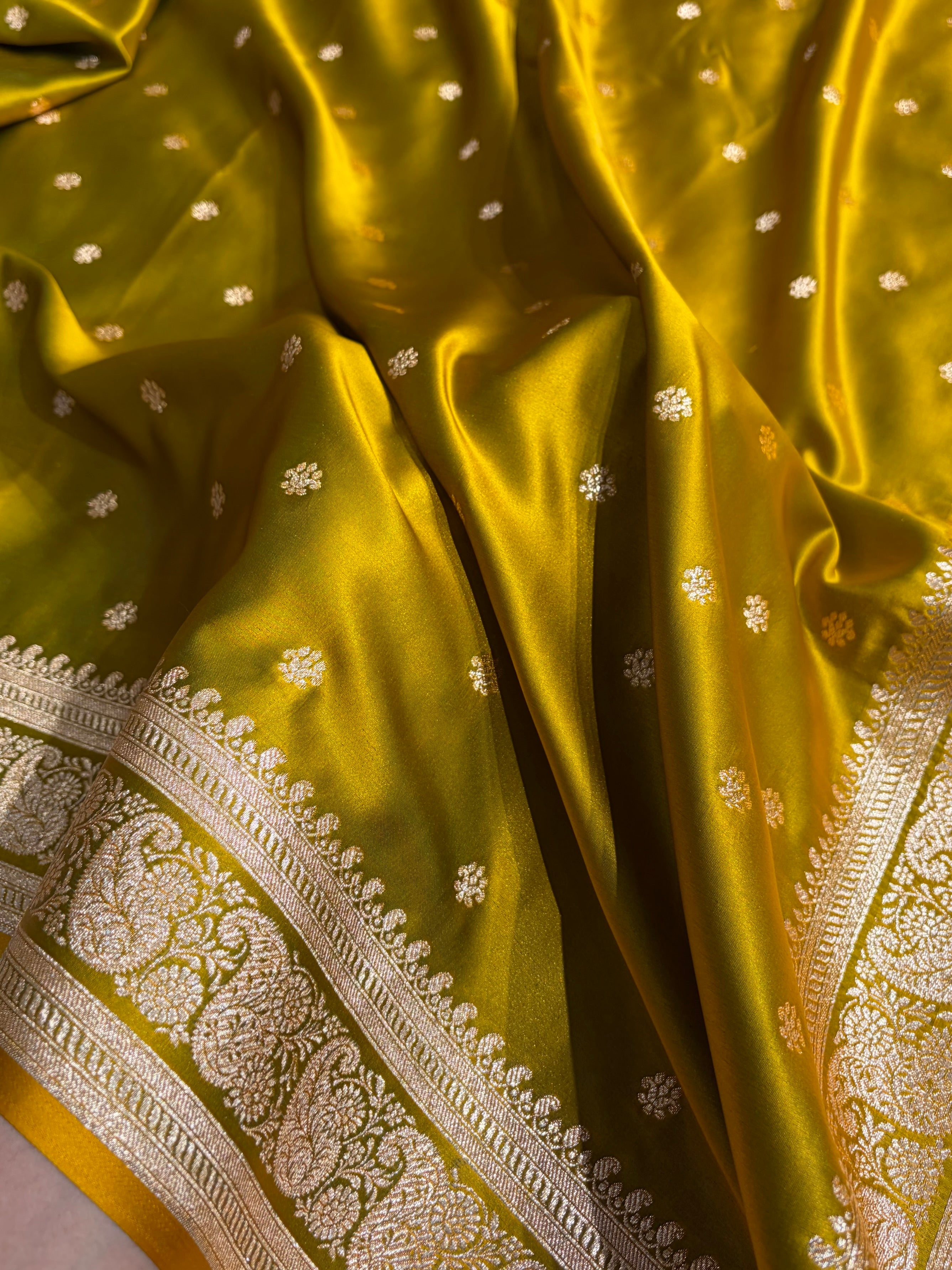 Banarasi Satin Katan Saree With Boota Pattern in Liril Mehendi Shades SK127