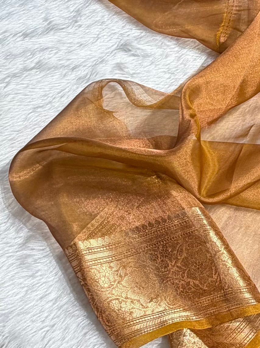 Mustard Bananasi Floral Shades Pure Tissue Silk Saree PT-38