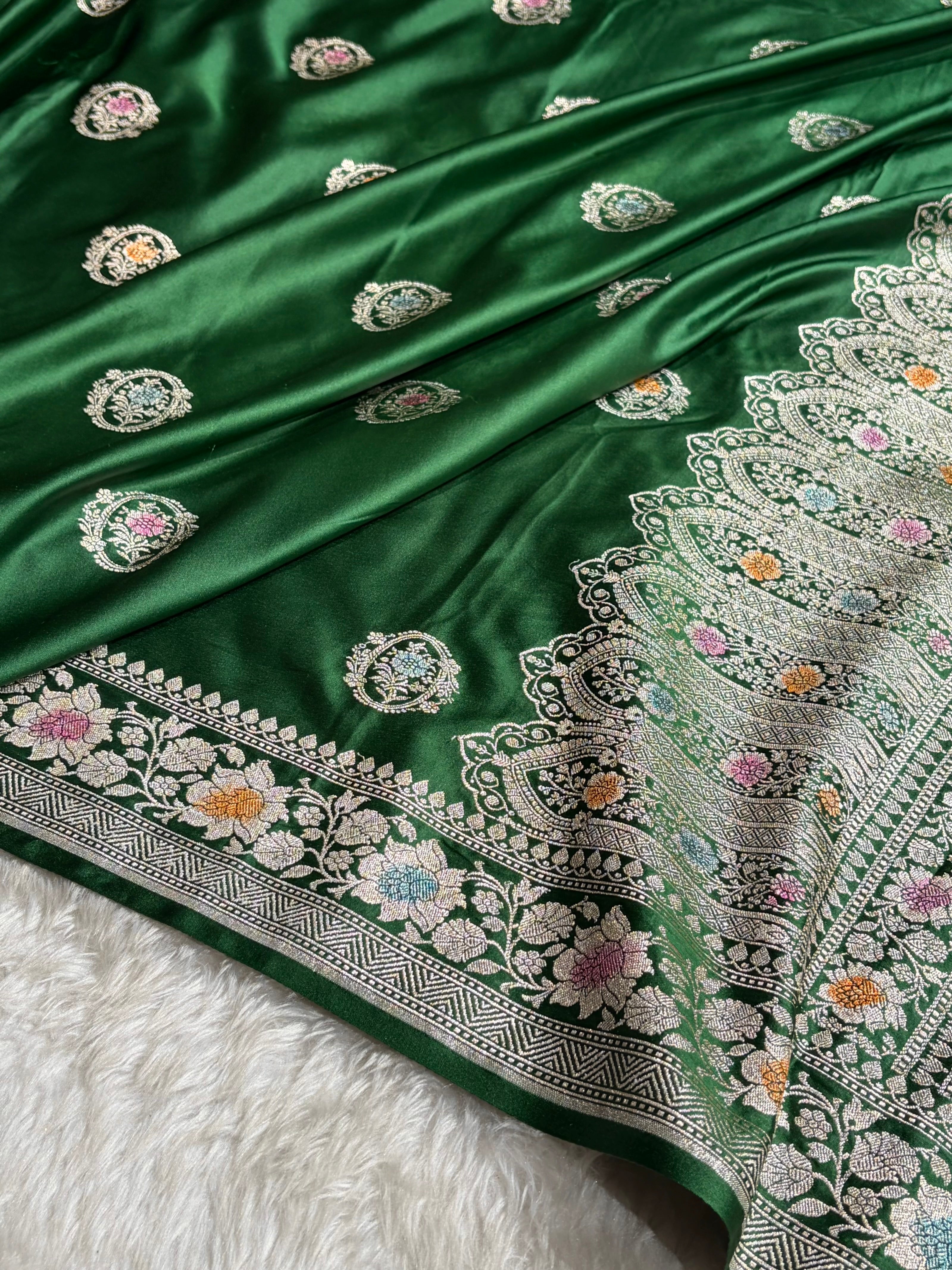 Bottle Green Shades Minkari Boota Mashru Silk Saree MCS24