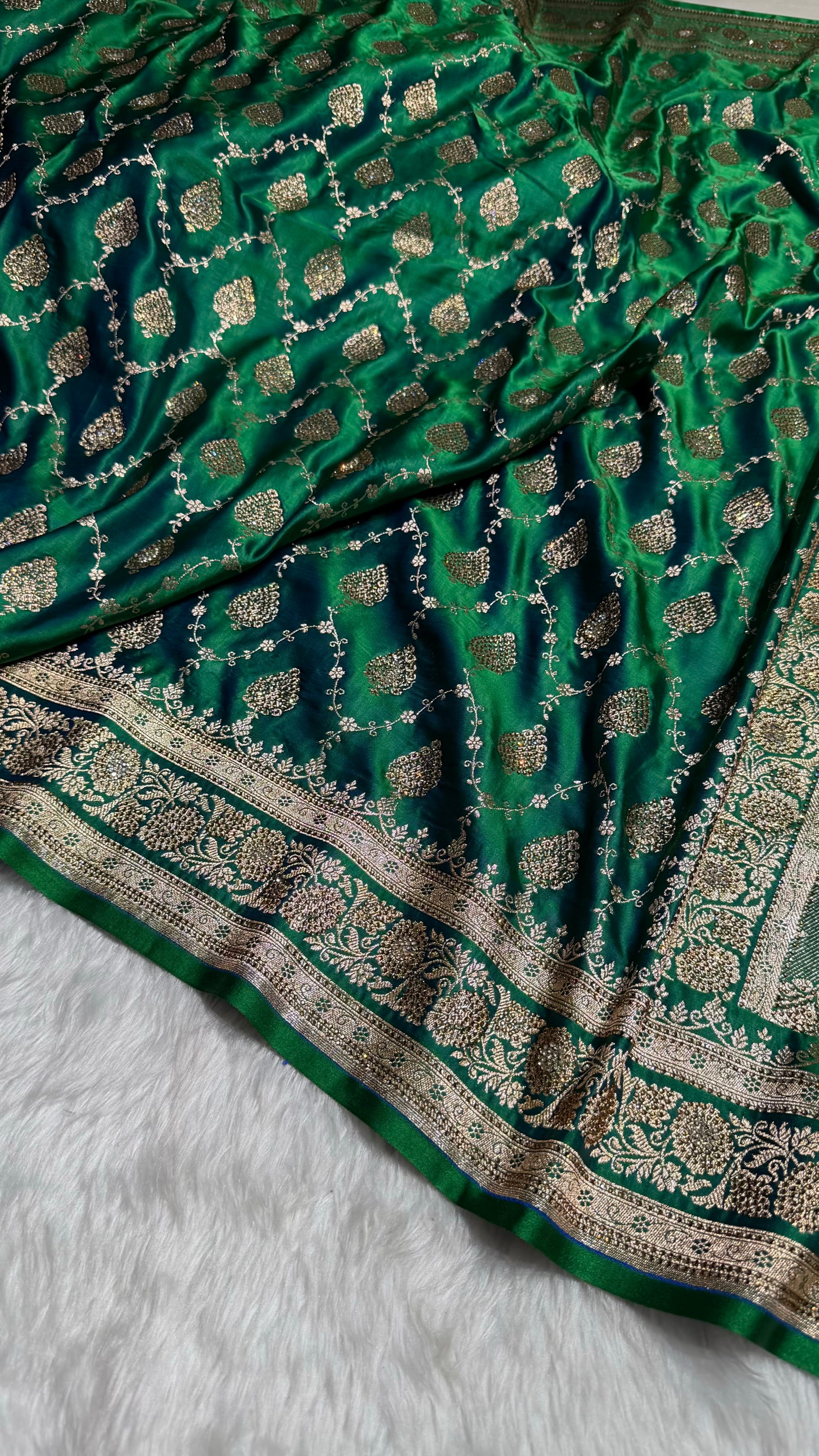 Cross Green Floral Jaal Pattern Satin Katan Silk saree BSK42