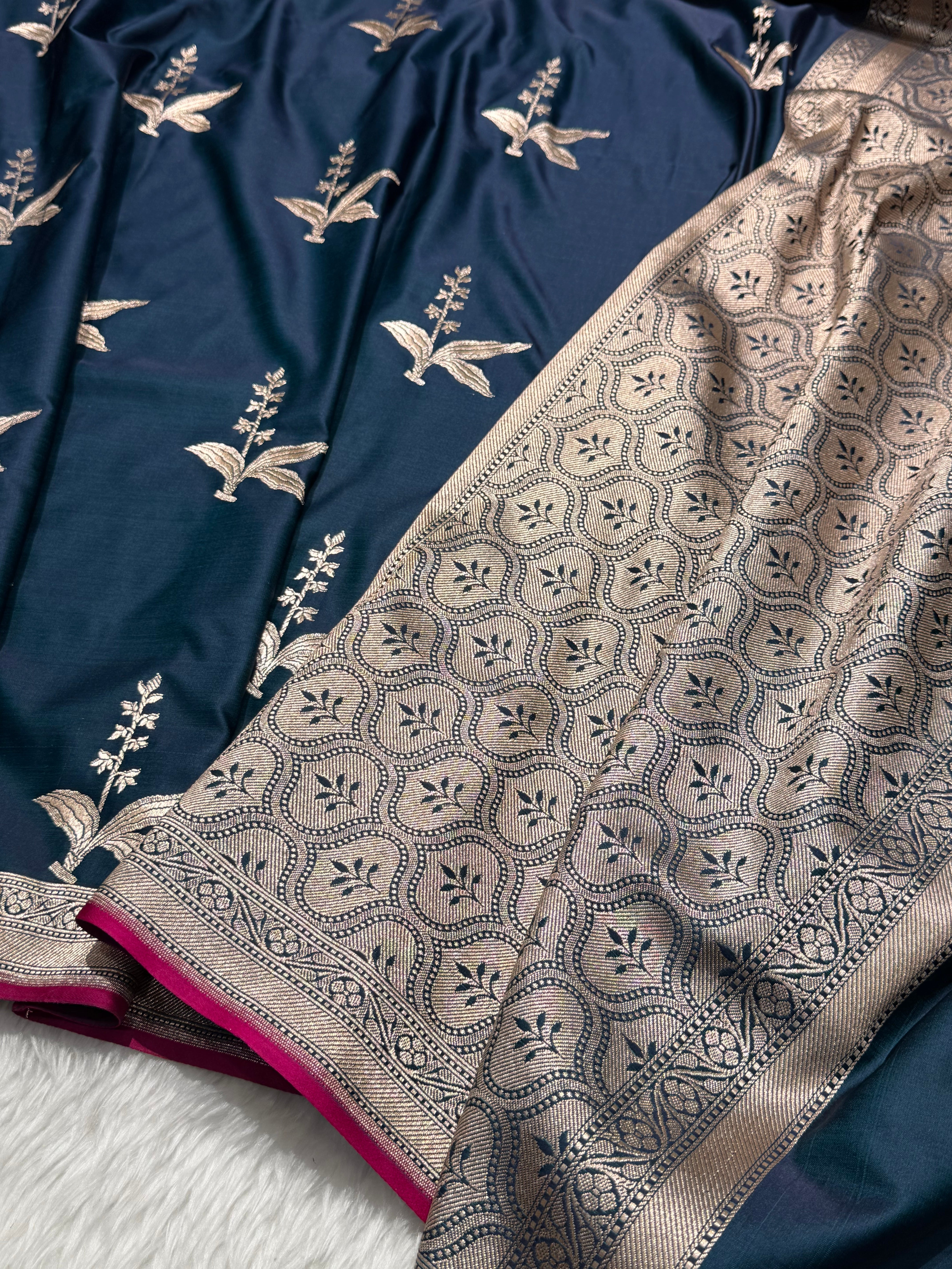 Teal Floral Motif Mashru Silk Saree