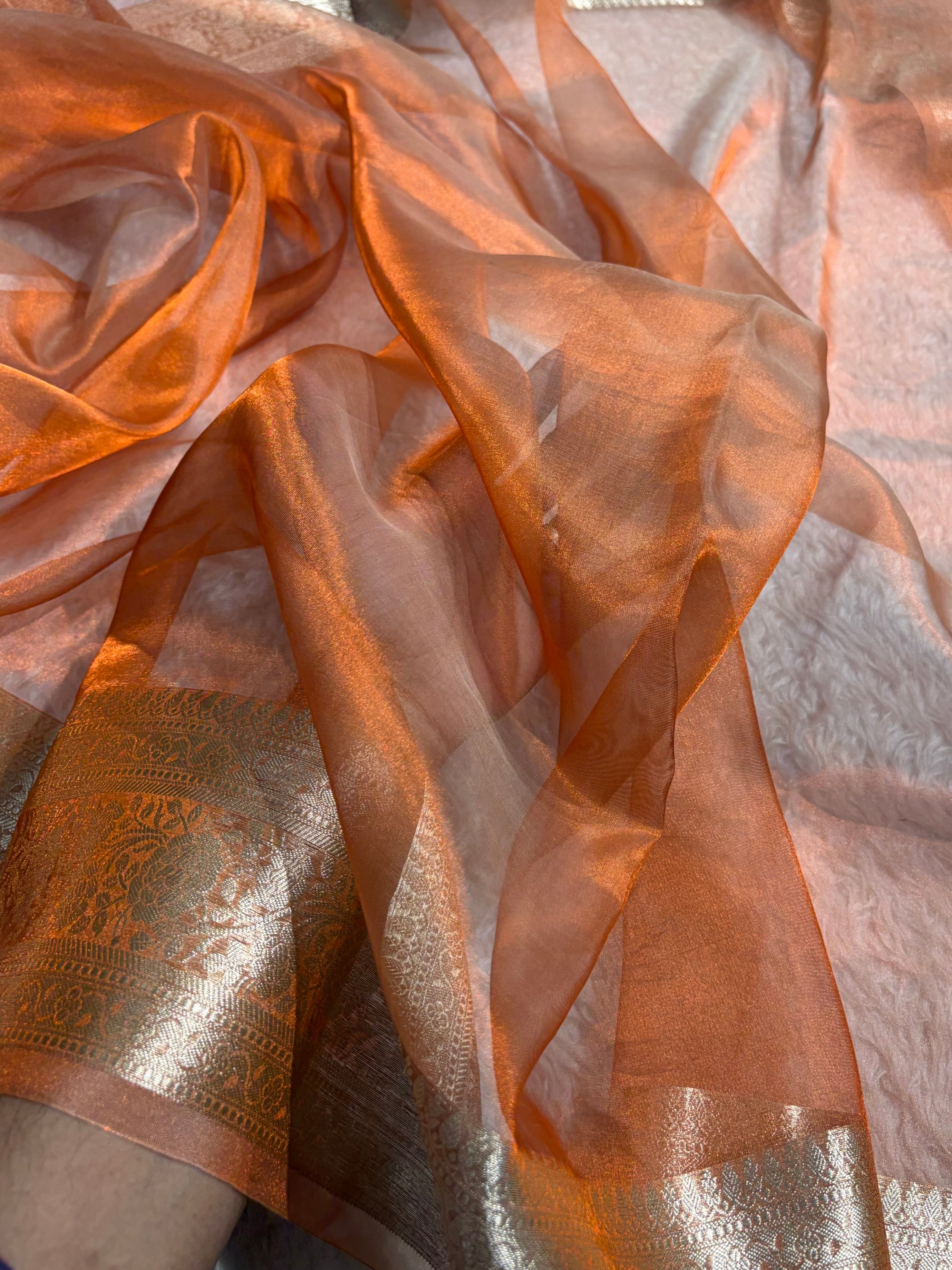 Pinkish Orange Shades Pure Tissue Silk Saree with Brocade Blouse PT-08