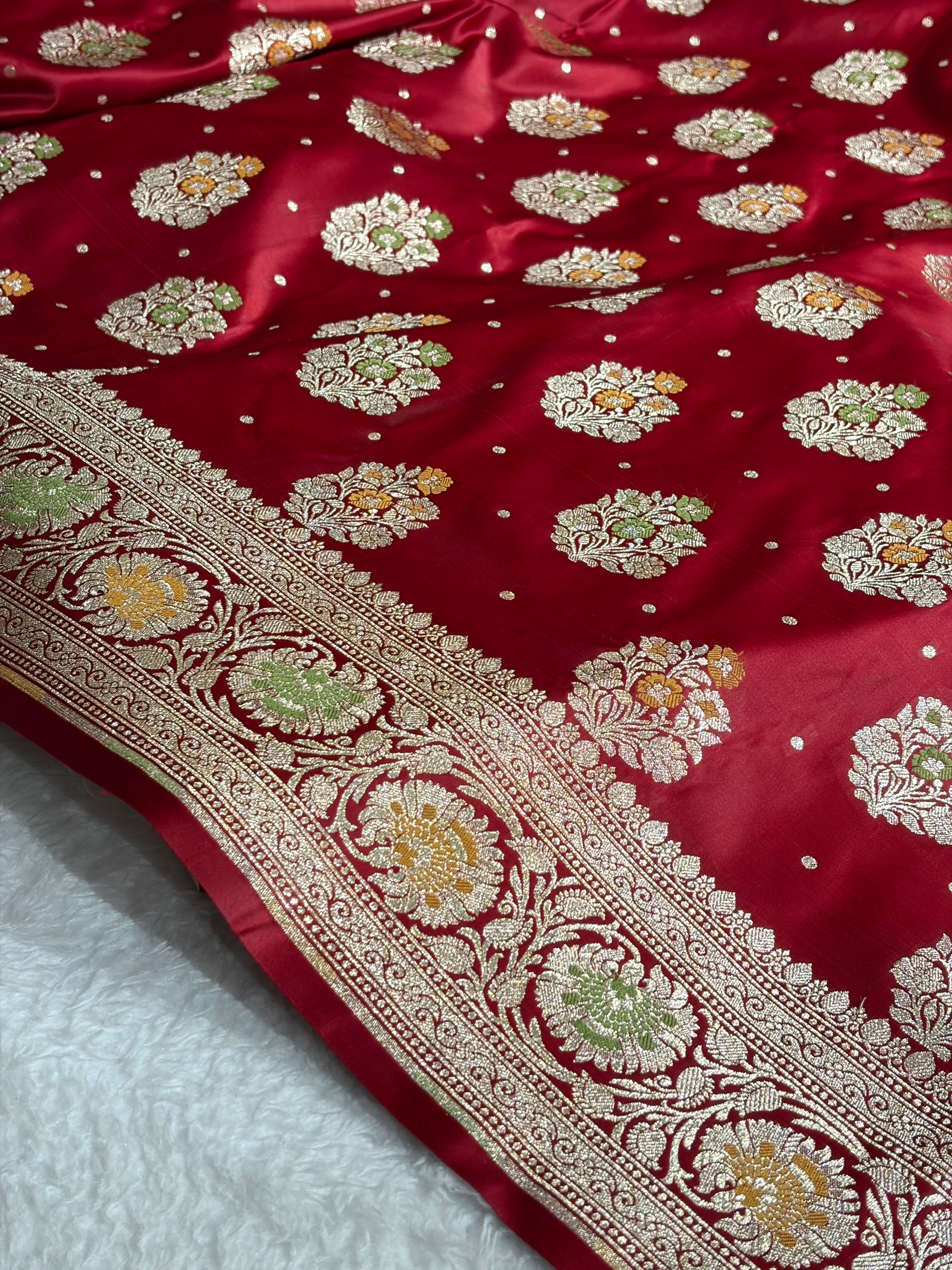 Maroon Shades Minakari Booti Satin Katan Silk saree