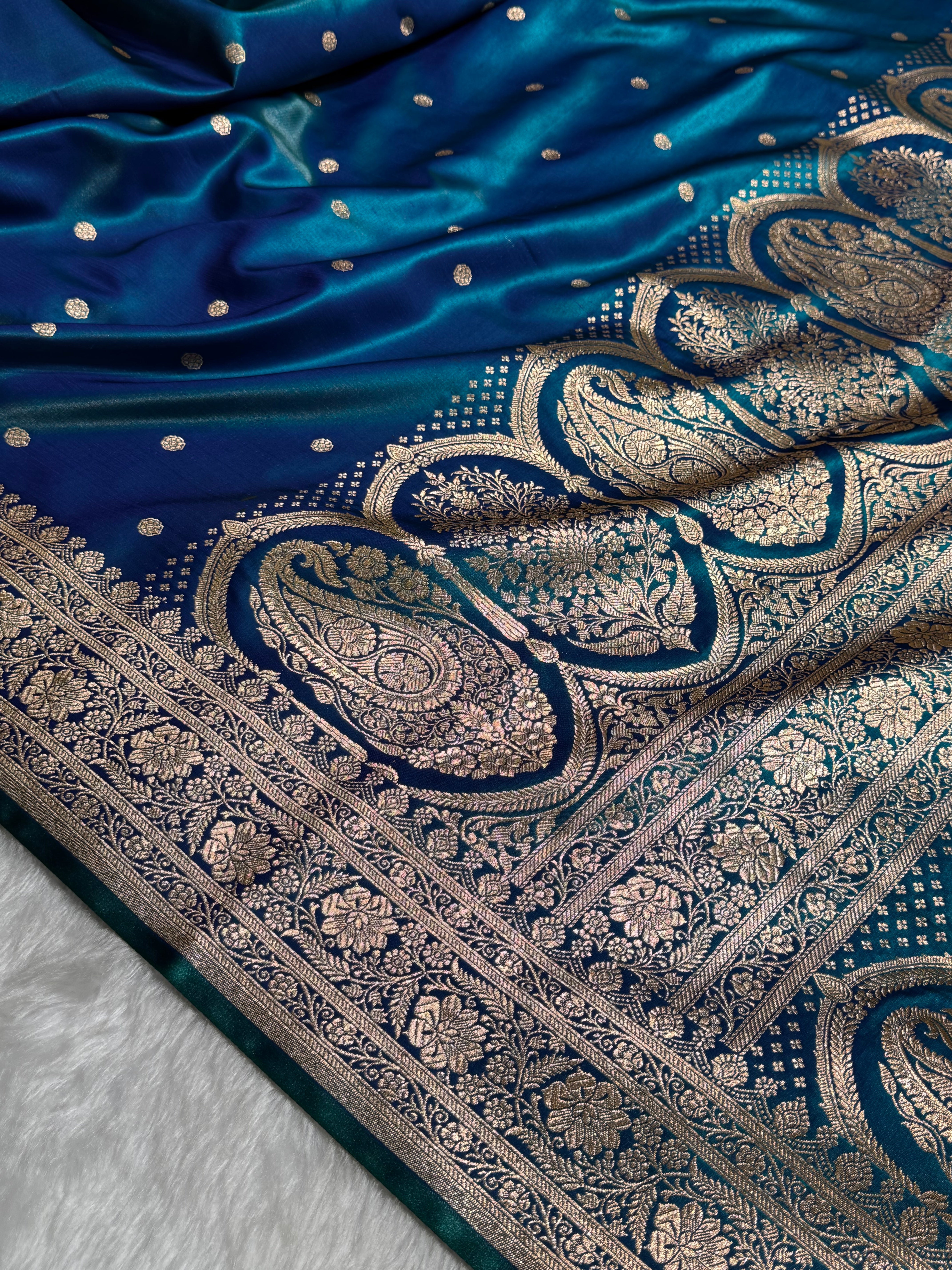 Satin Silk Saree Banarasi Booti in Peacock Shades SS29