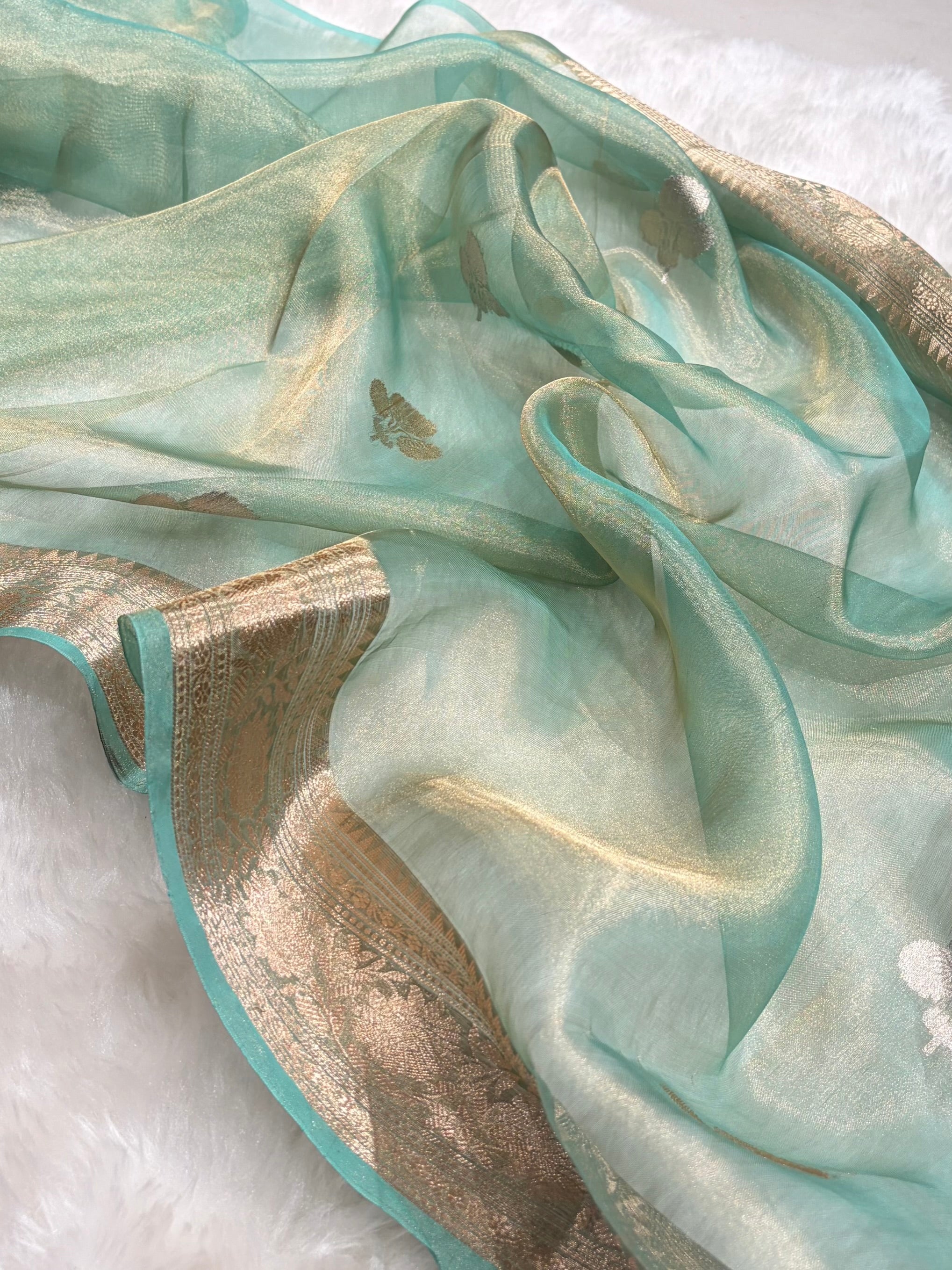 Sea Green Bananasi Floral Shades Pure Tissue Silk Saree PT-49