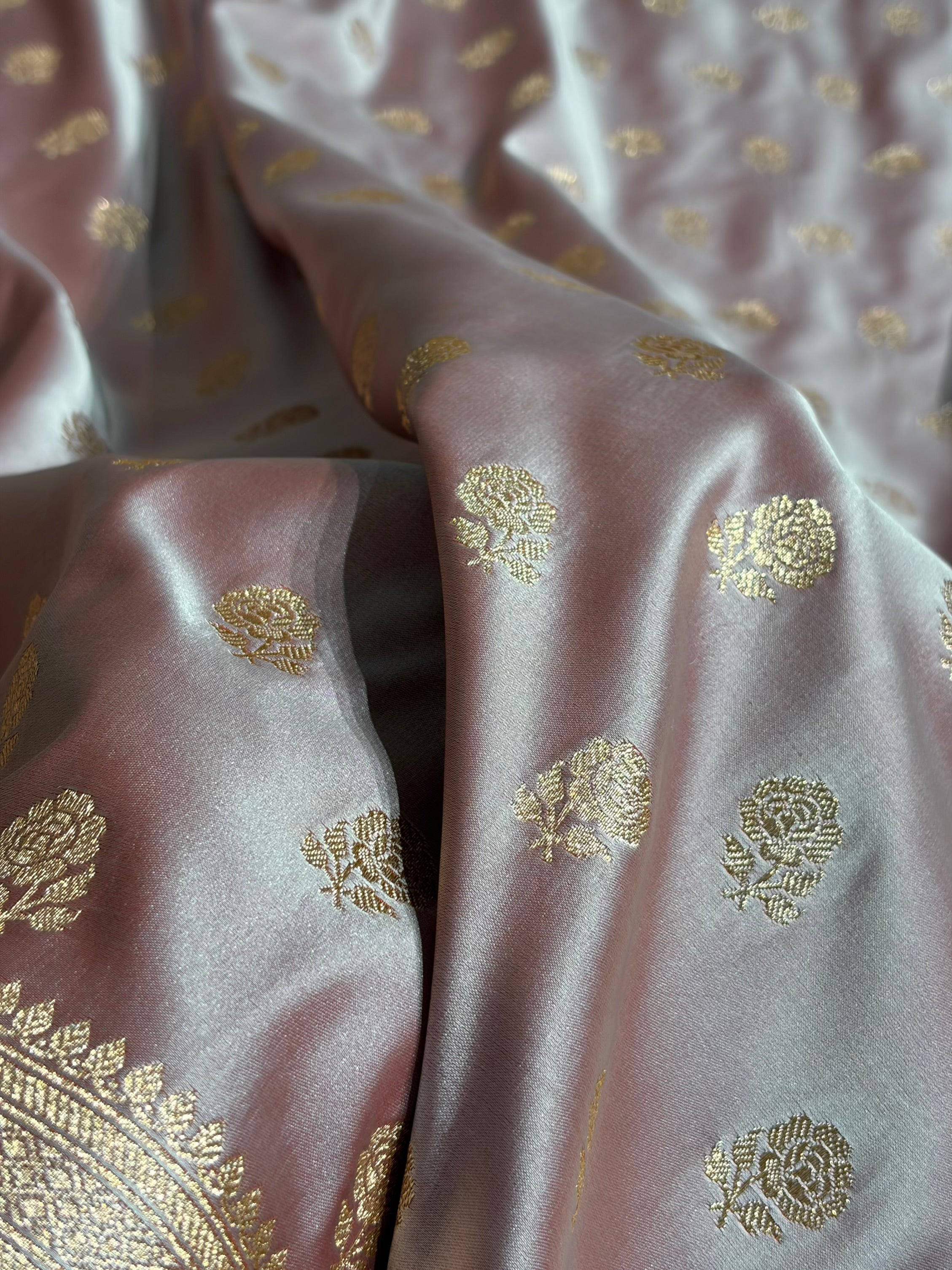 Floral boota Satin katan Silk Saree In Rose Pink Shades SK12