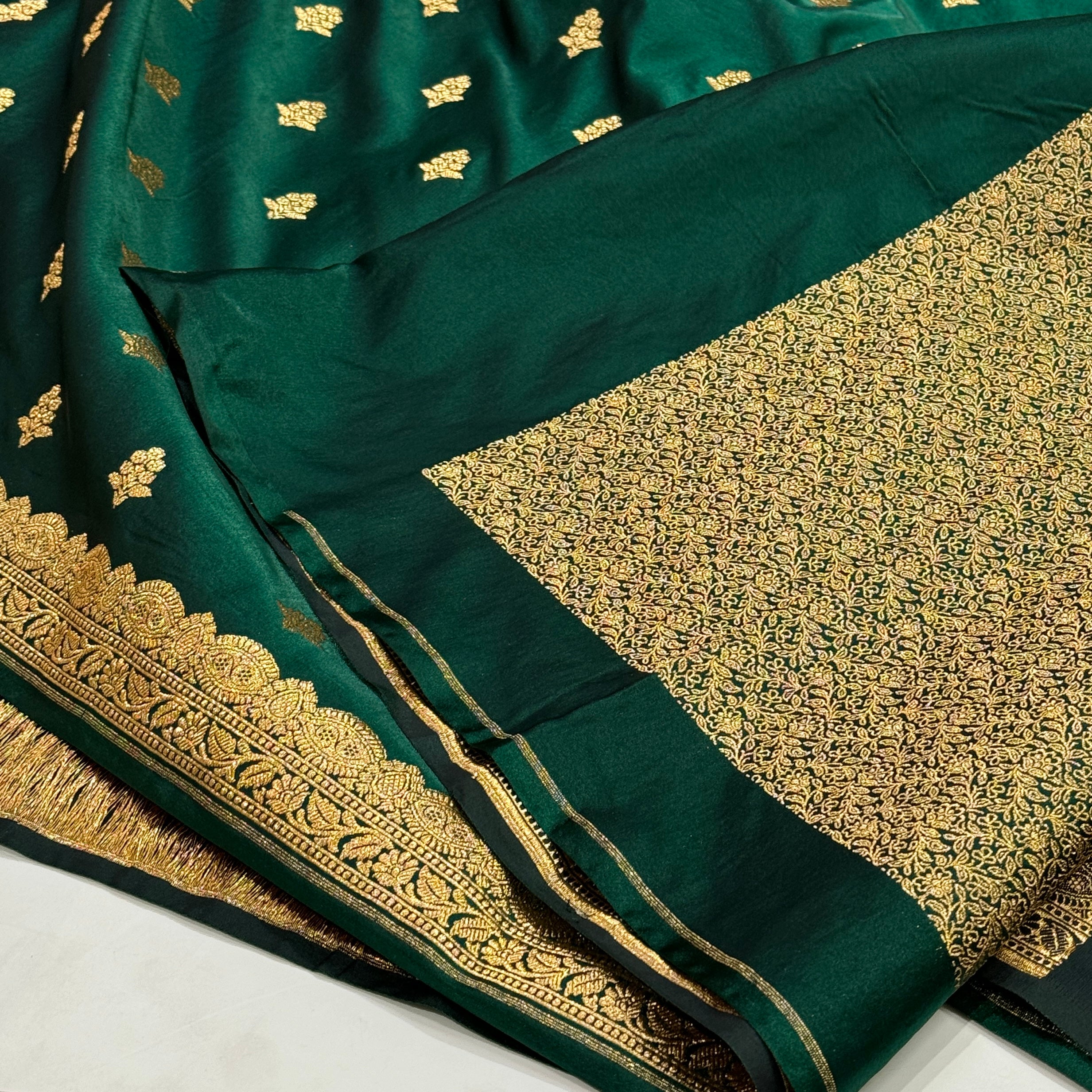 Light Wight Satin Silk Boota in Bottle Green with brocade Blouse SS07