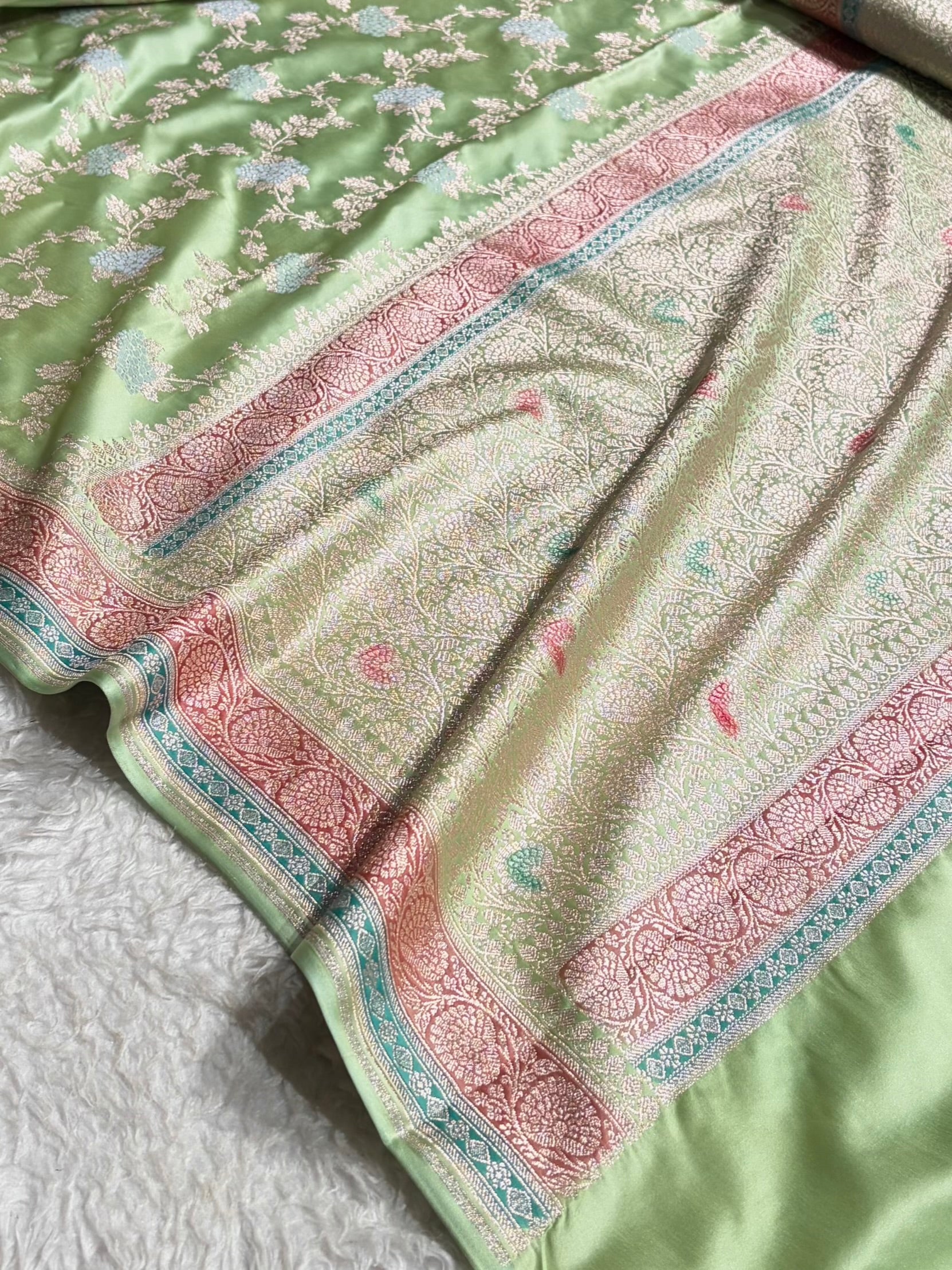 Light Pista Shades Minakari Jaal Pattern Mashru Silk Saree MS57