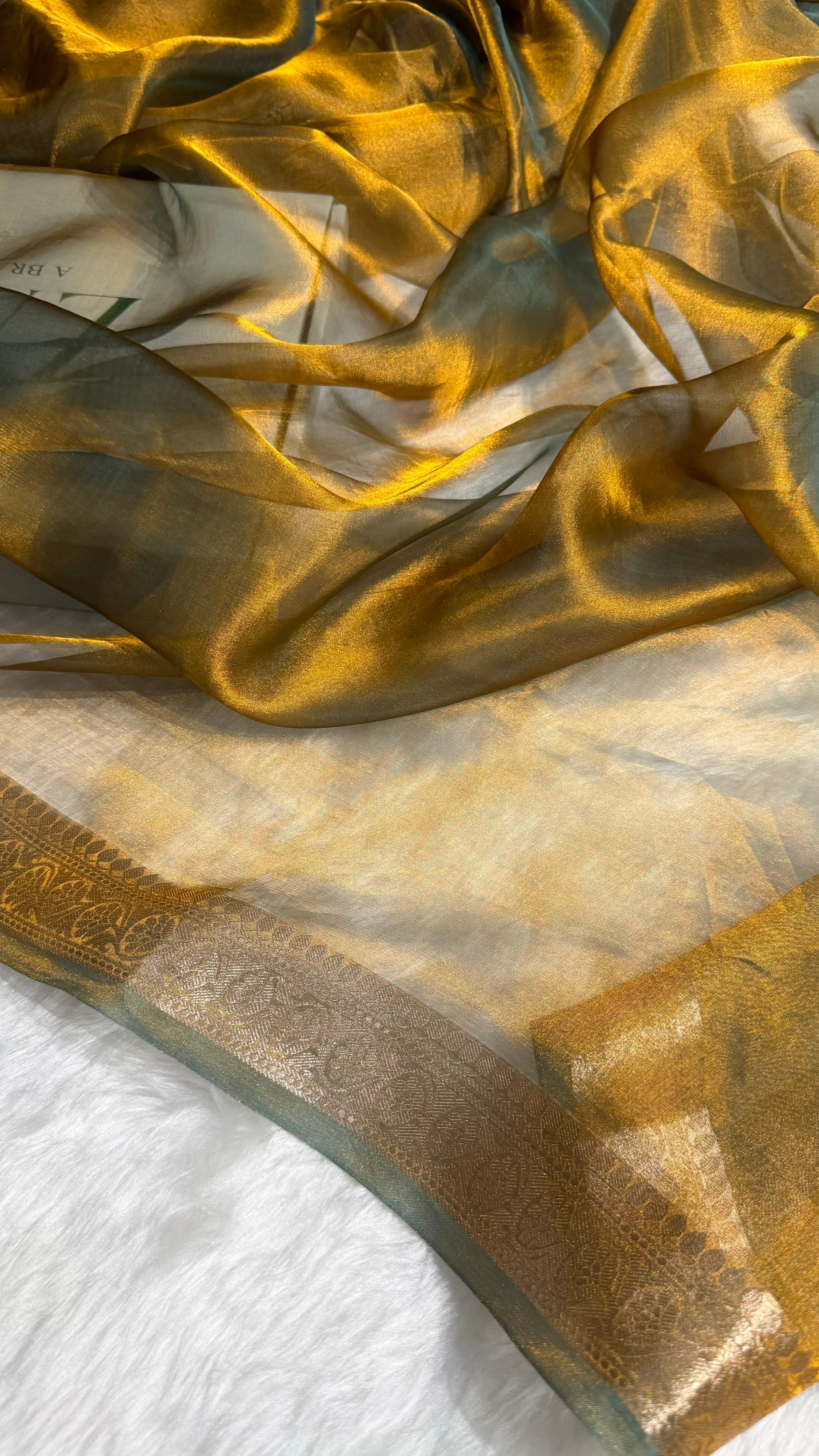 Cross Mehendi Shades Pure Tissue Silk Saree with Brocade Blouse PT-09