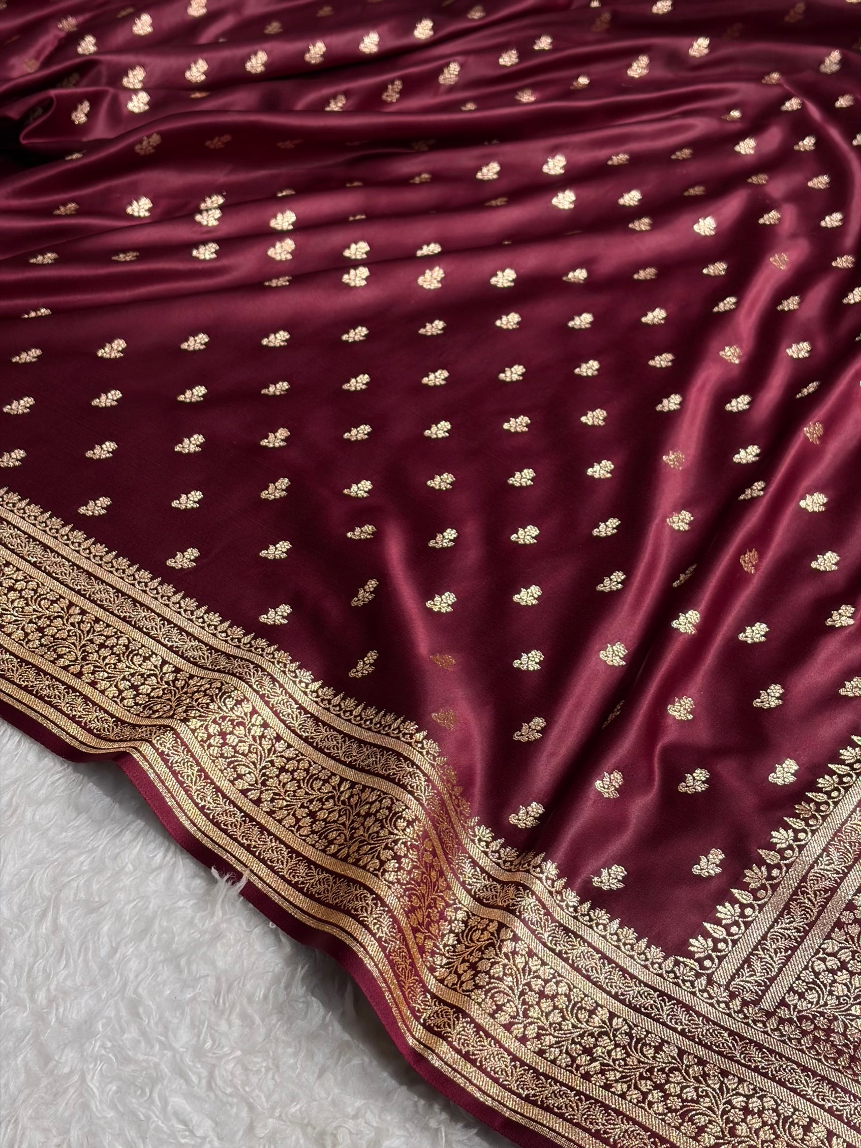 Banarasi Satin Katan Saree With Boota in Garnet Shades SK89