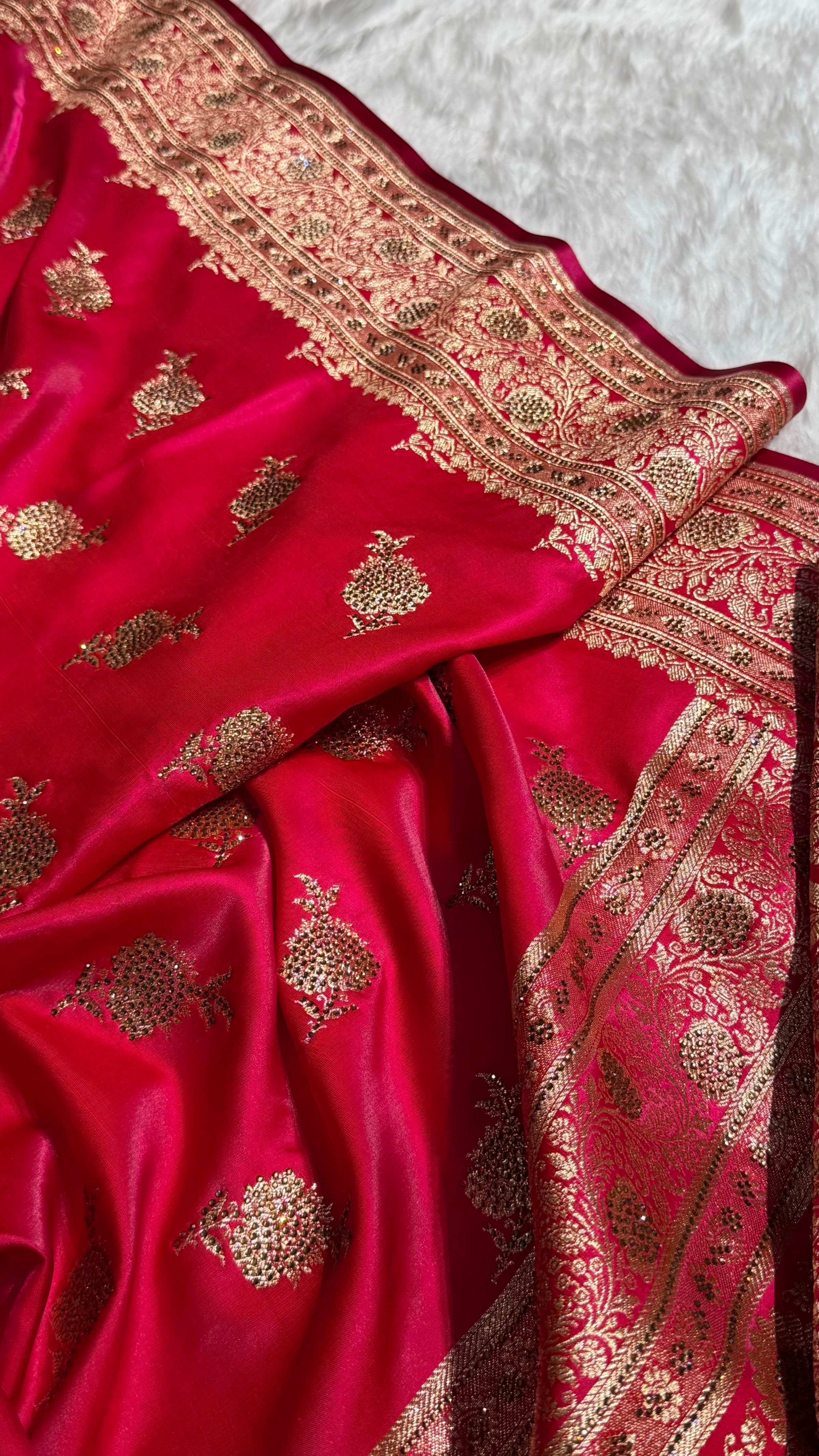 Satin Silk Saree Swarovski Work Floral Boota in Cross Rani Shades BSS26