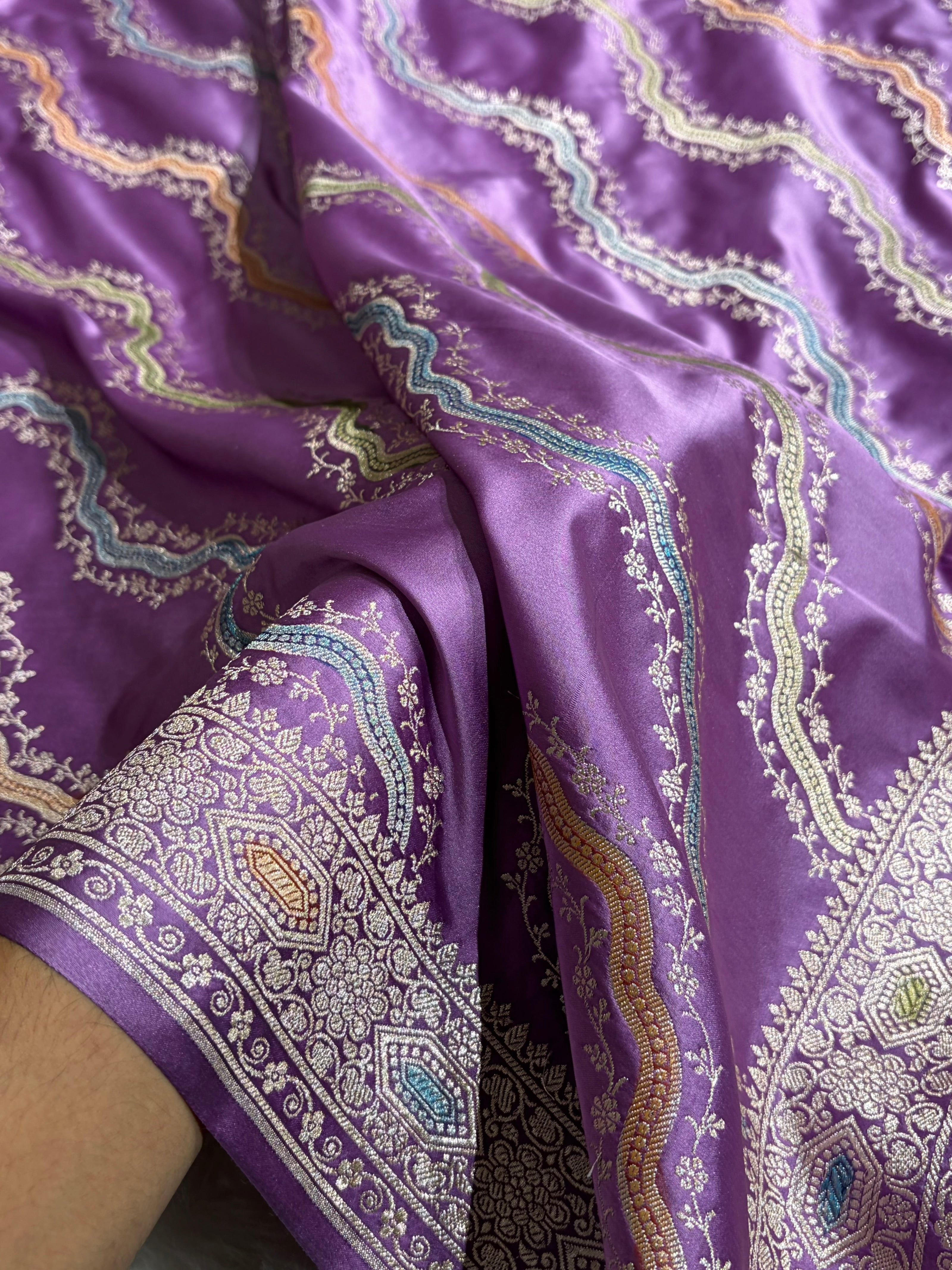 Banarasi Minakari Cross Pattern in Lavender Shades Mashru Silk Saree MCS93