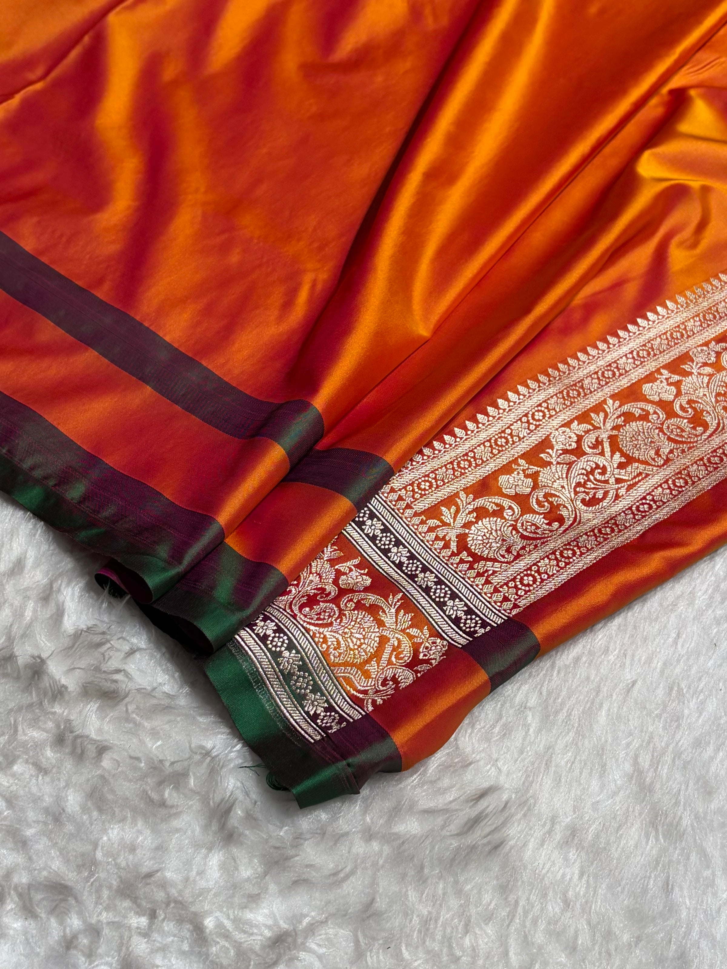 Banarasi Cross Red With Contrast Orange Floral Border Mashru Silk Saree MSM-100