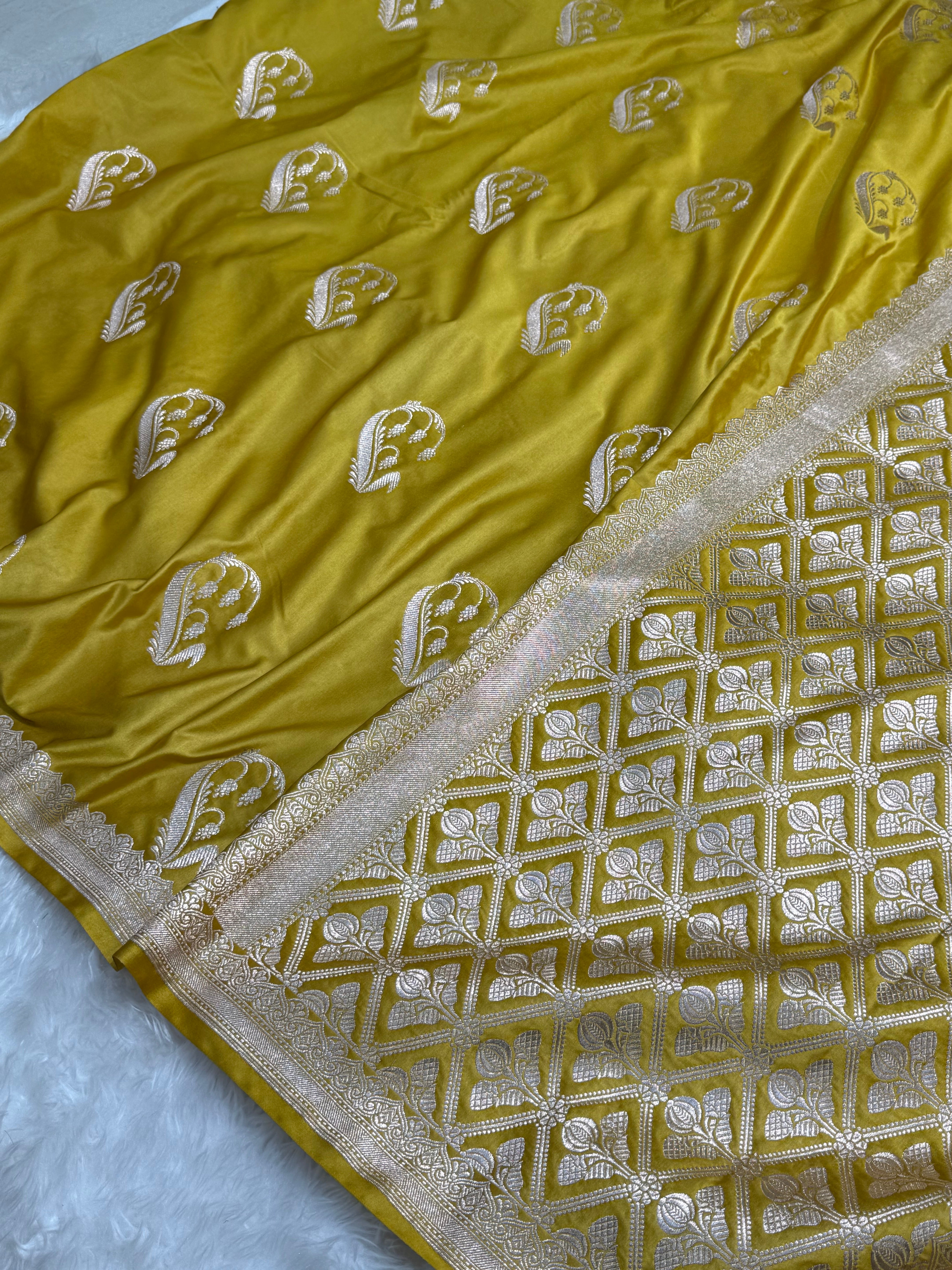 Mustard Unique Boota Motif Mashru Silk Saree