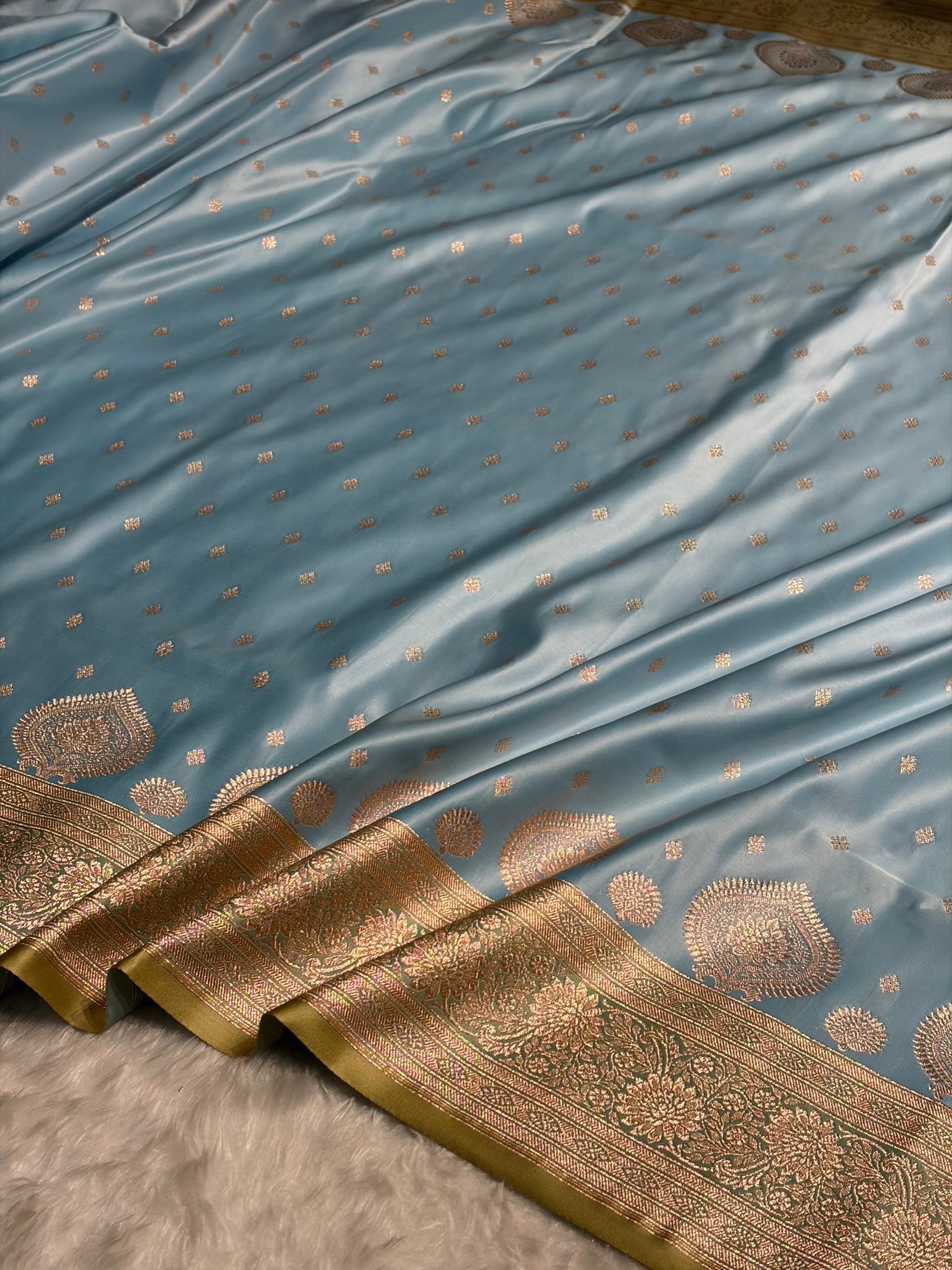 Sky Blue with Pista Booti Satin Katan Silk saree SK29