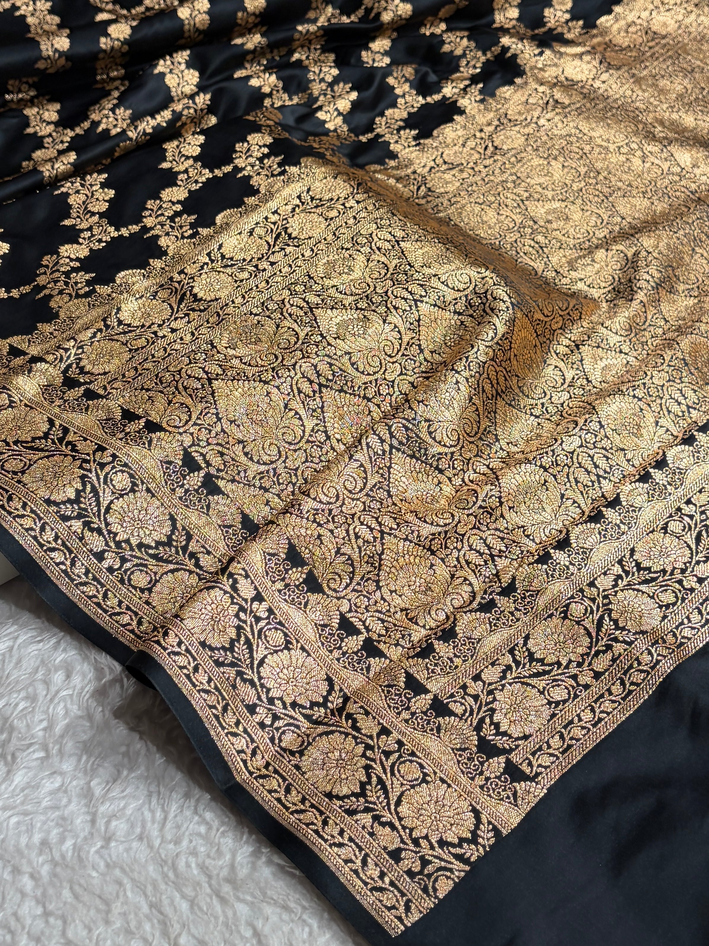 Black Floral Jaal Pattern Satin Katan Silk Saree SK43