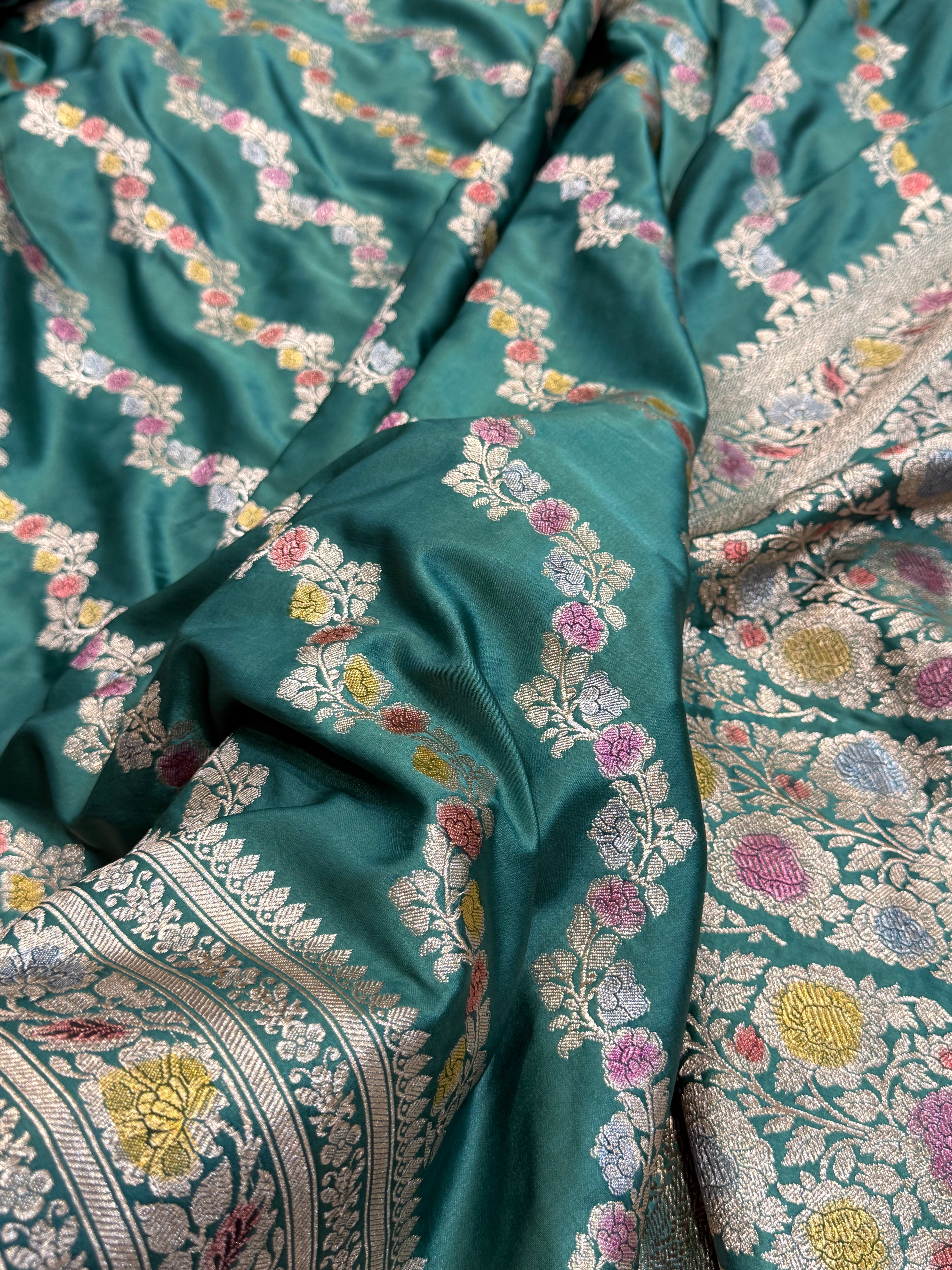 Turqoise Minakari Mashru Silk Saree With Cross Pattern
