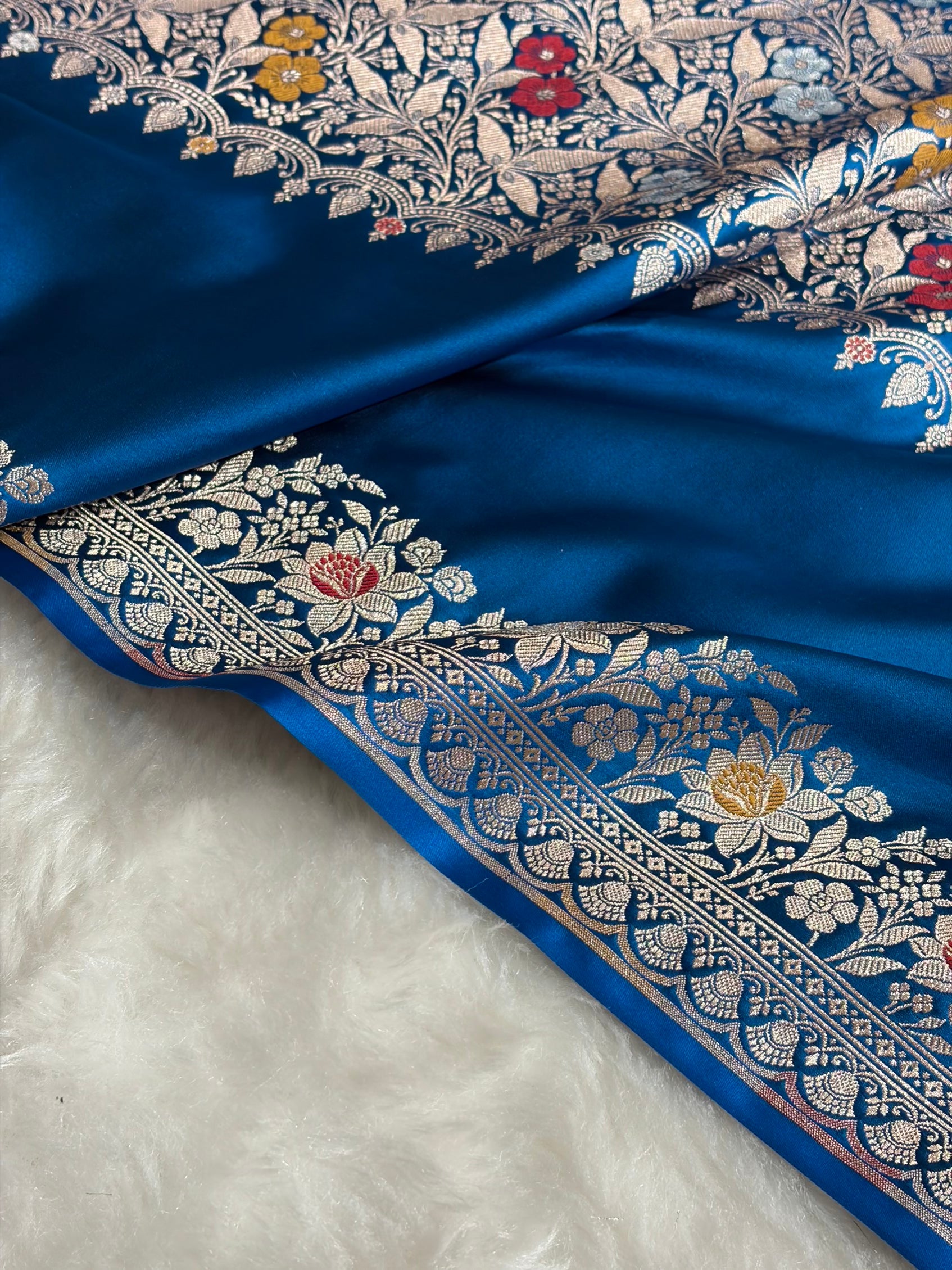 German Blue Shades Banarasi Minakari Boota Skirt Pattern Floral Mashru Silk Saree MSM-116