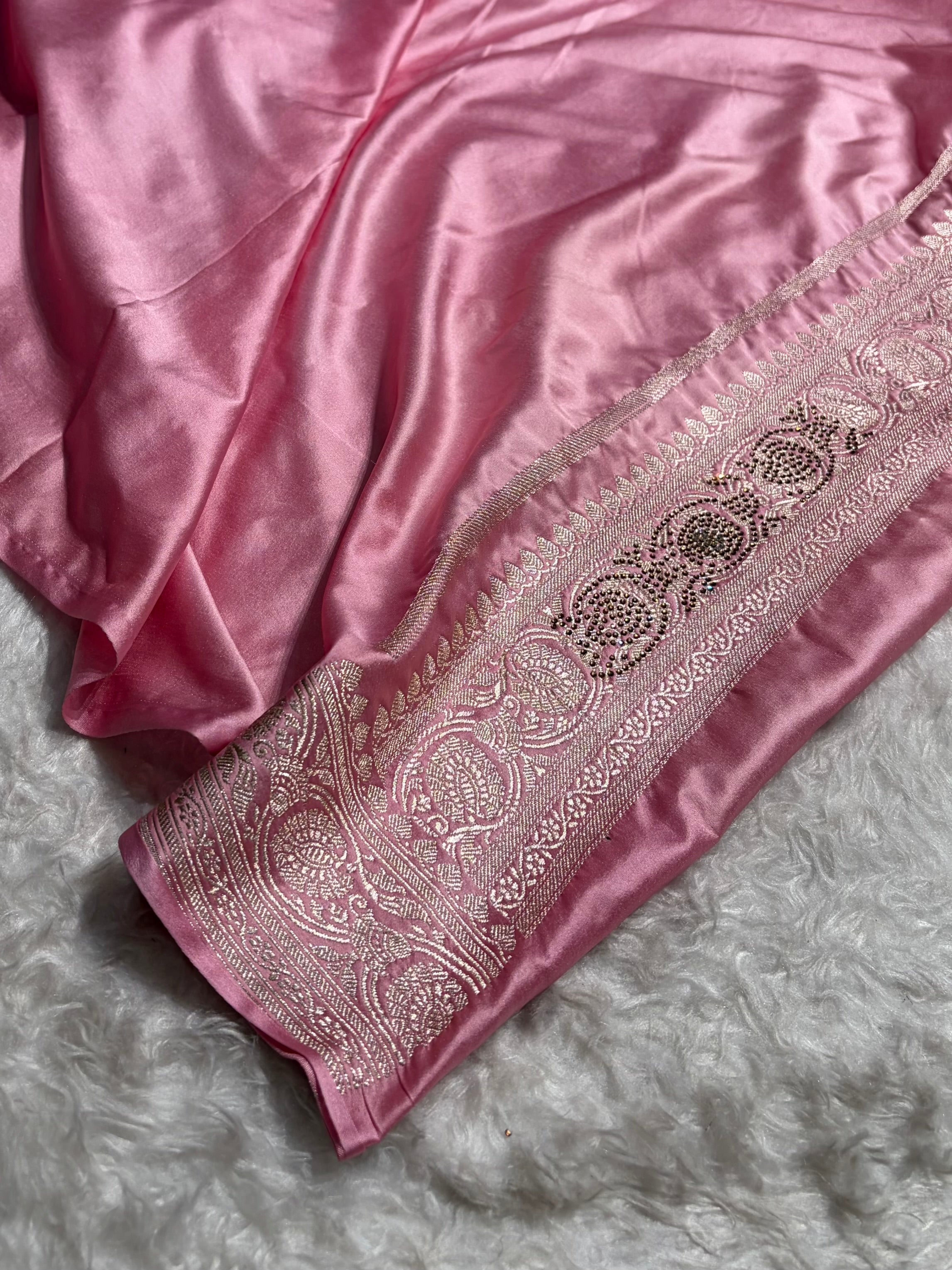 Baby Pink Shades In Banarasi Swarovski Work Jaal Mashru Silk Saree BMS42