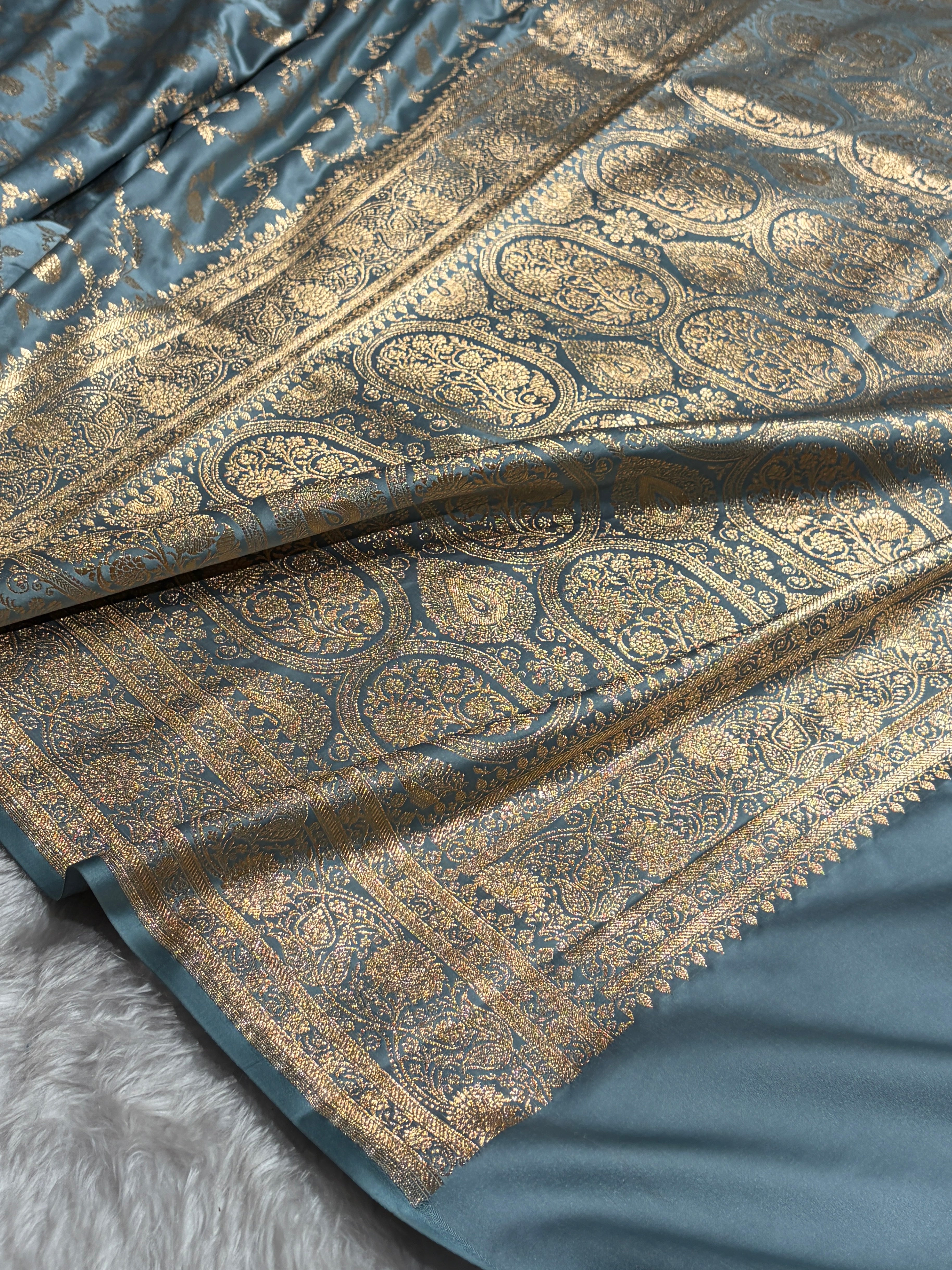Powder Blue Shades Floral Jaal Pattern Satin Katan Silk saree SK55