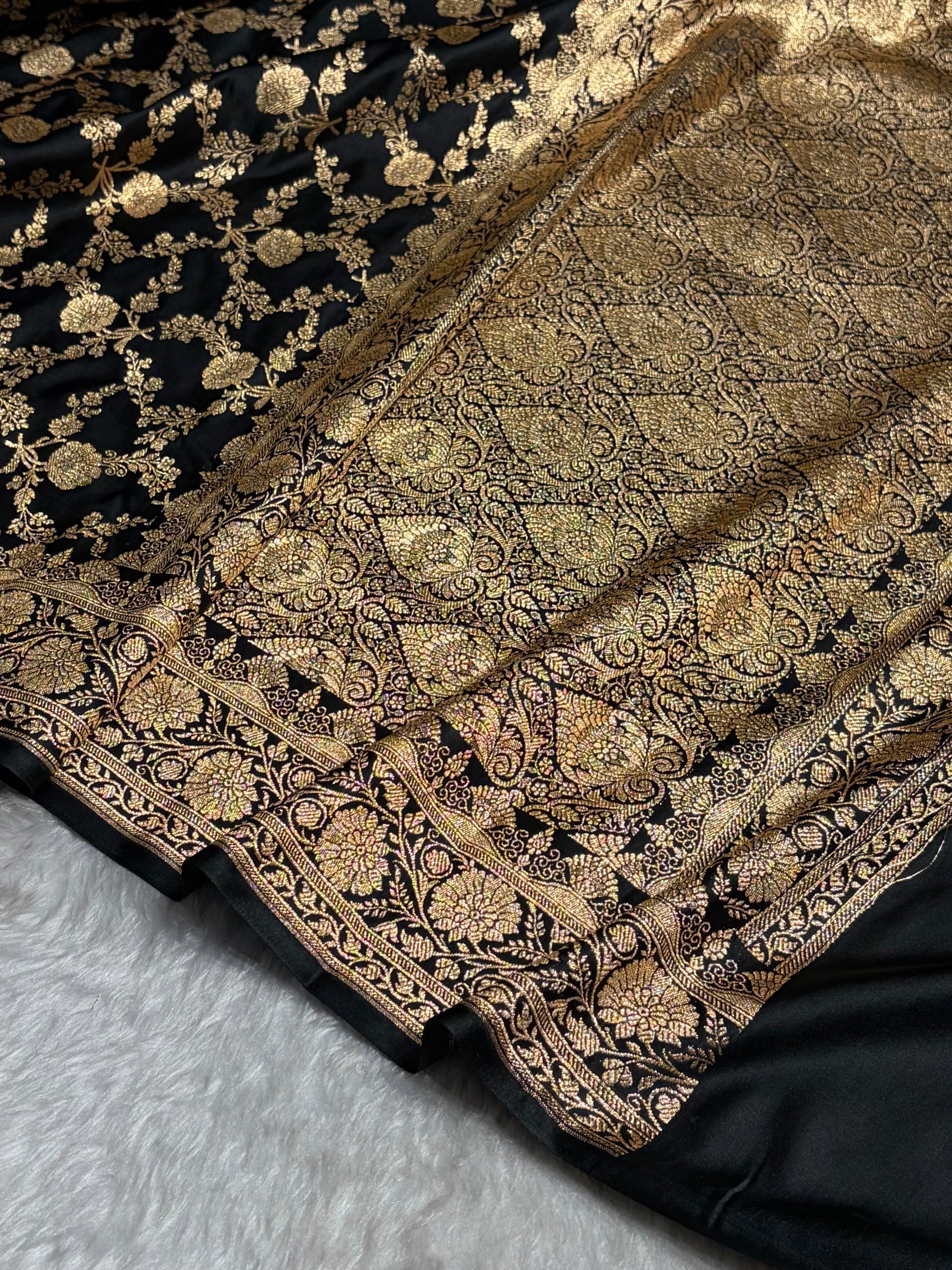 Black Shades Jaal Floral Pattern Satin Katan Silk Saree SK80