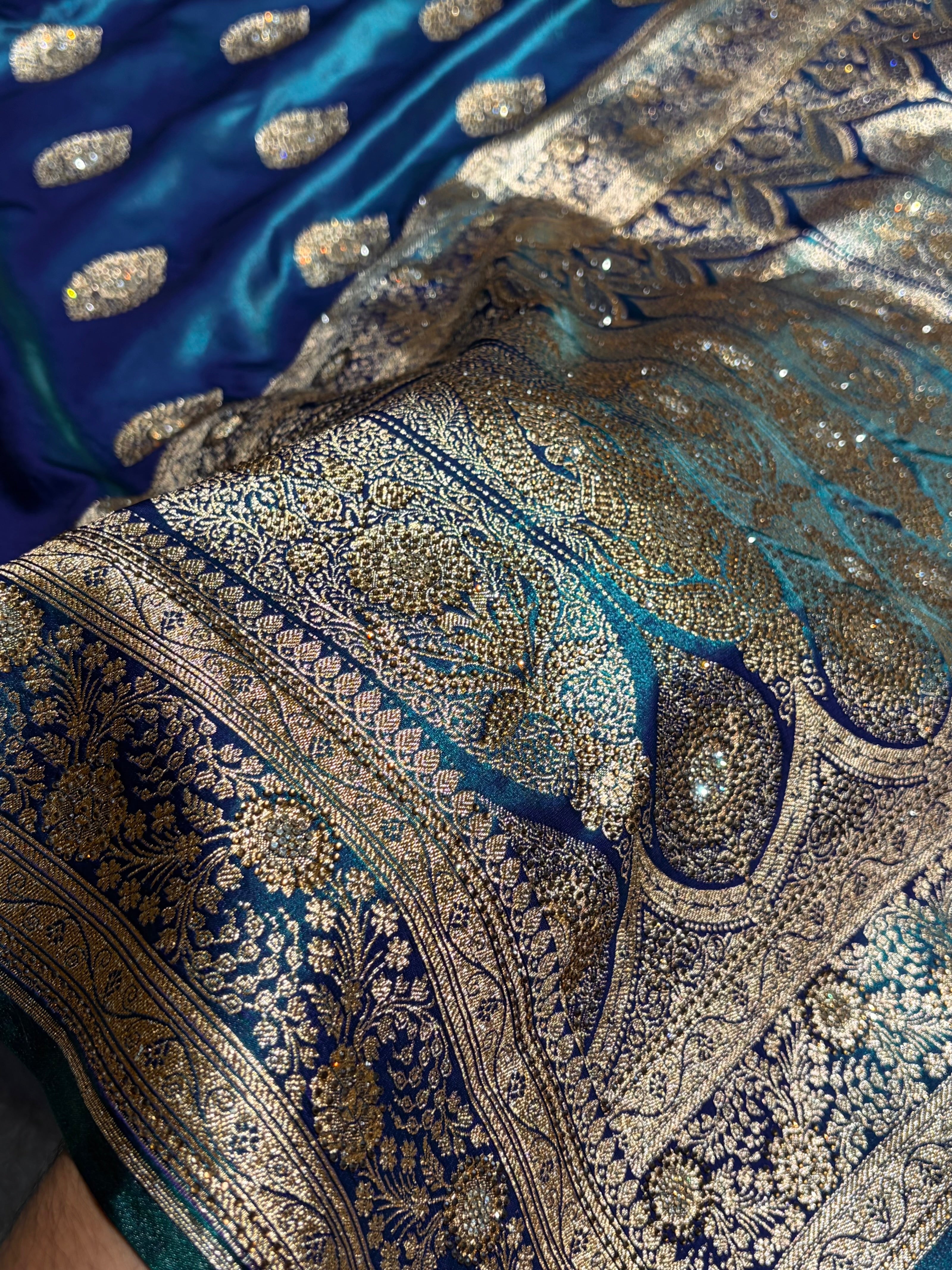 Peacock Shades Banarsi Satin Silk Boota with Stone Work