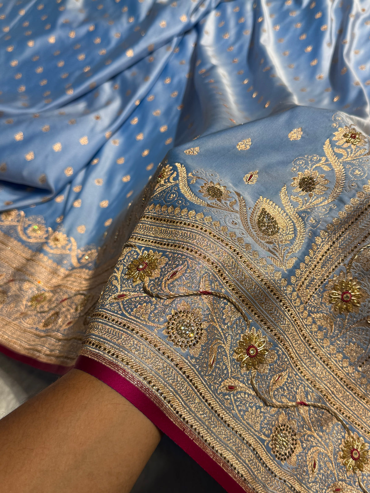 Banarasi Satin Katan Silk Saree With Ari Zardozi And Swarovski Work In Pastel Firozy Shades BSK08
