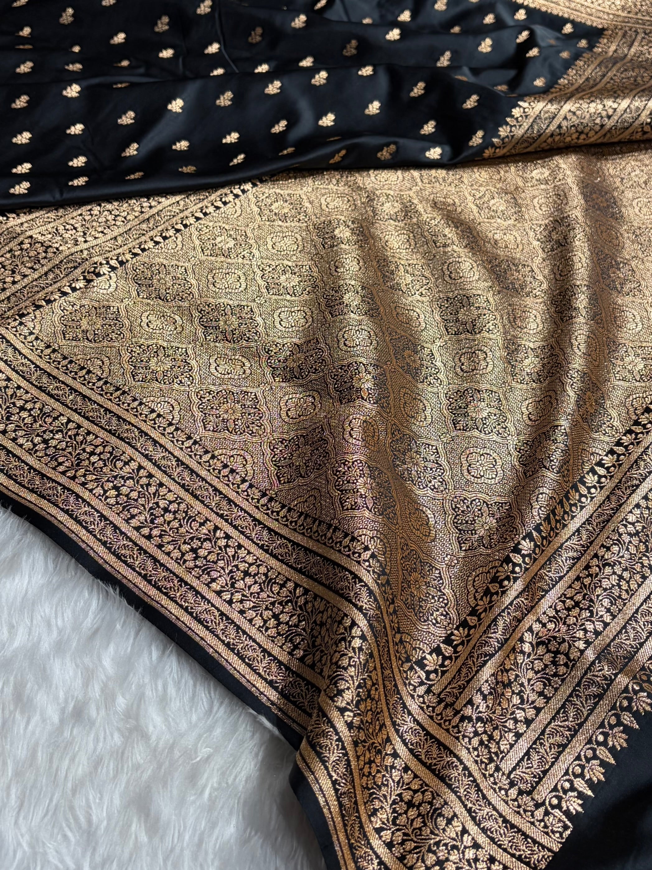 Banarasi Satin Katan Saree With Boota in Black Shades SK89