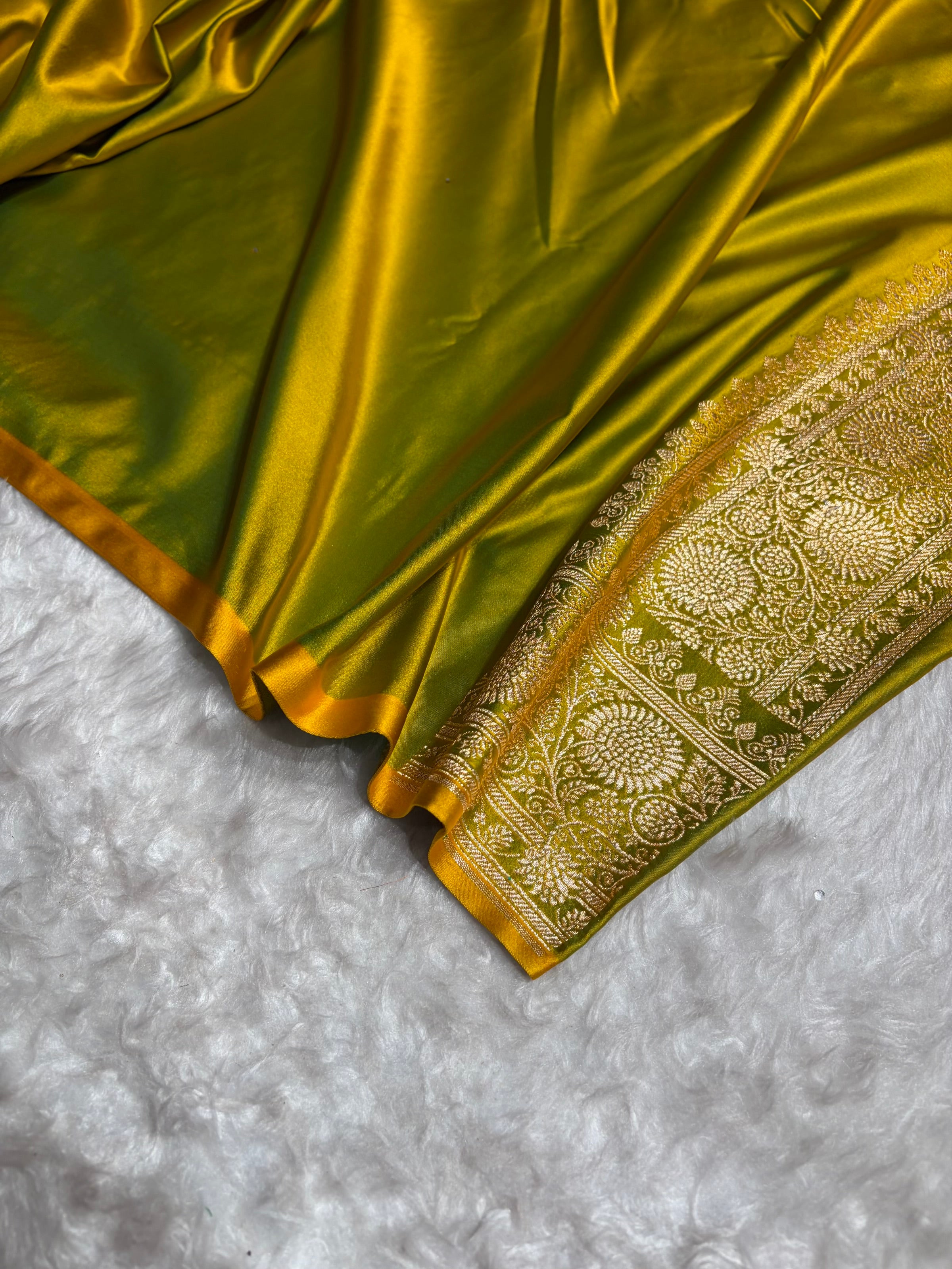 Banarasi Satin Katan Saree in Liril Mehendi Shades SK82