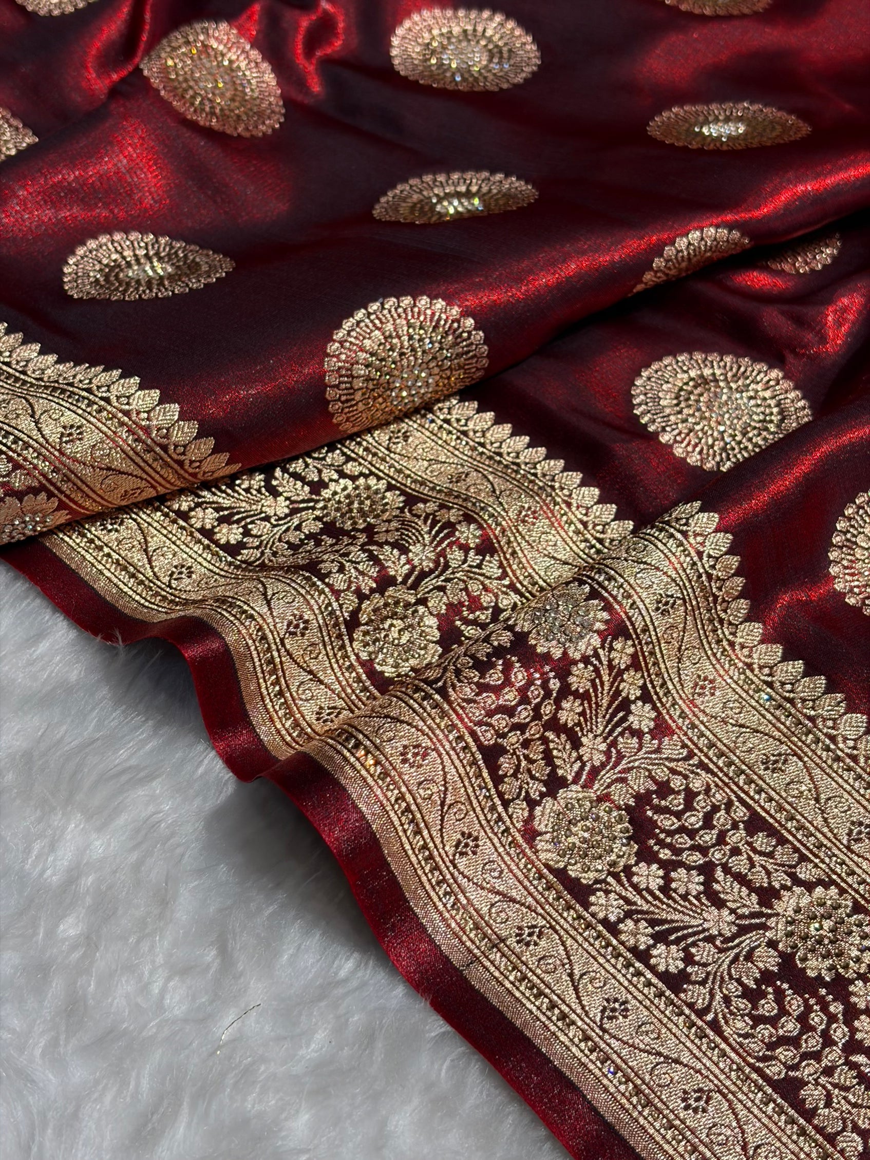 Maroon Shades Banarasi With Swarovski Stone Work Satin Silk Saree BSS33