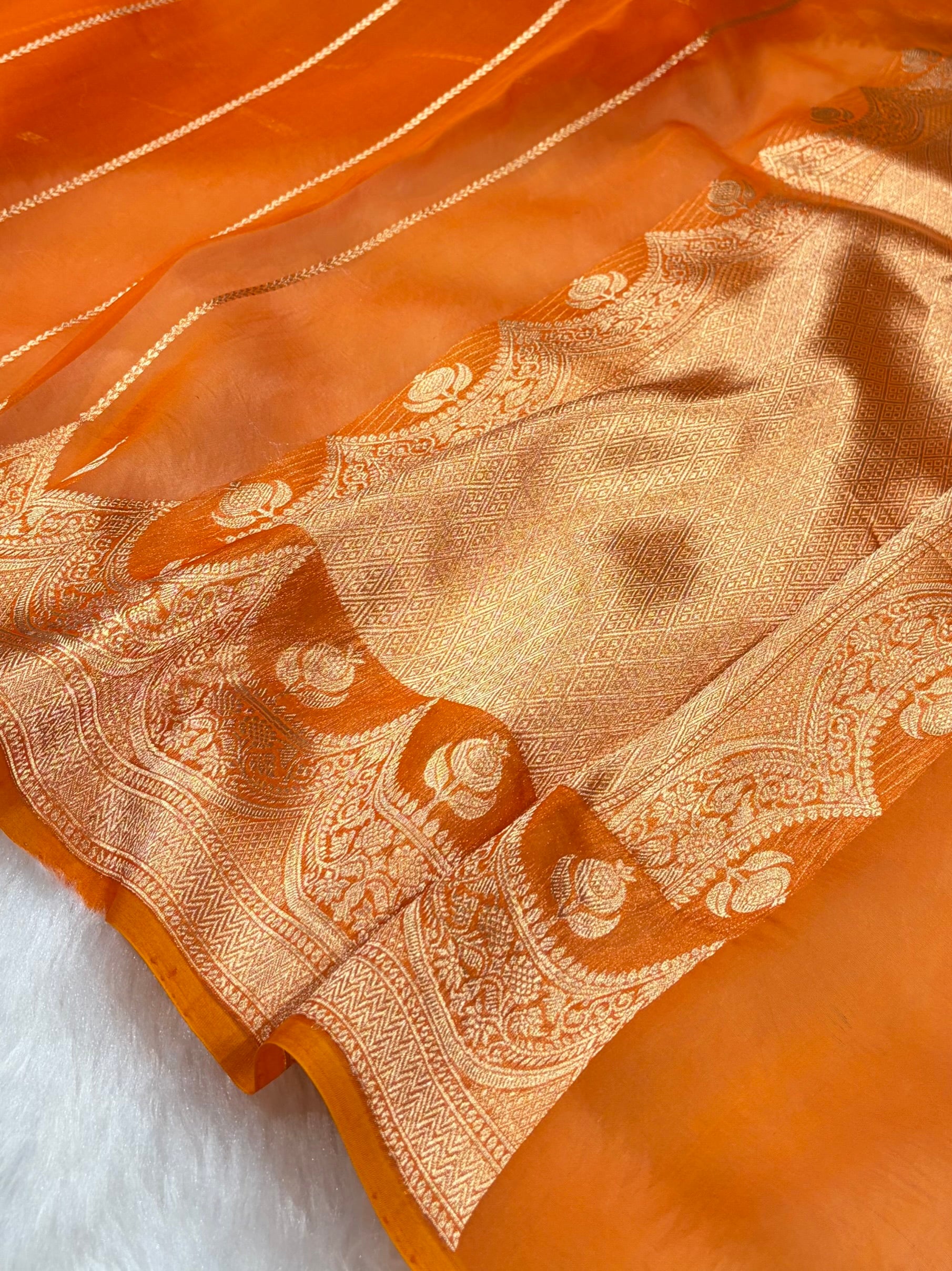 Banarasi Pure Organza Orange Shades With Scallop Stripe Banarasi Silk Saree PO-31