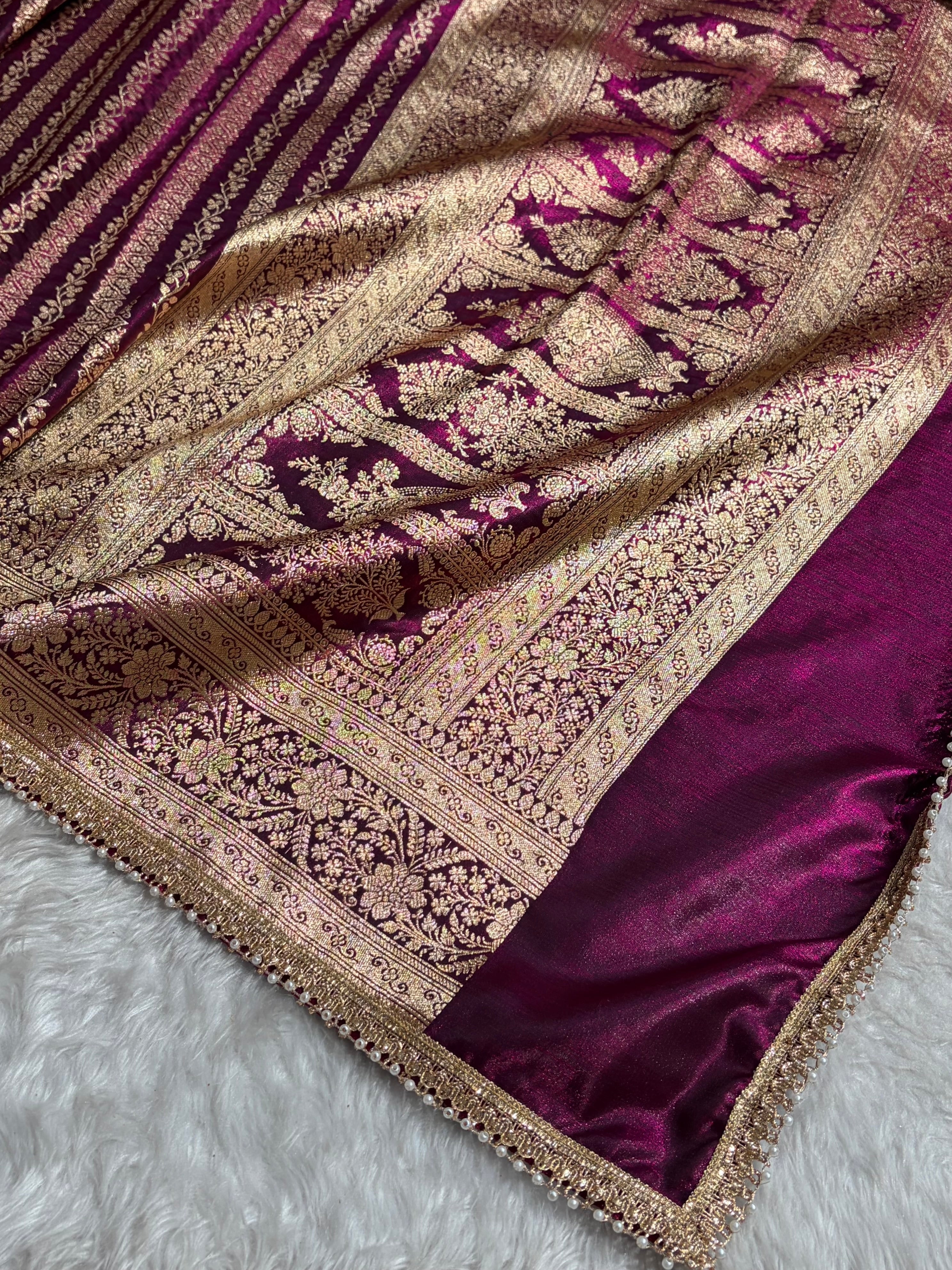 Satin Silk Strip pattern in Wine Shades With Gota Patti SSGP46
