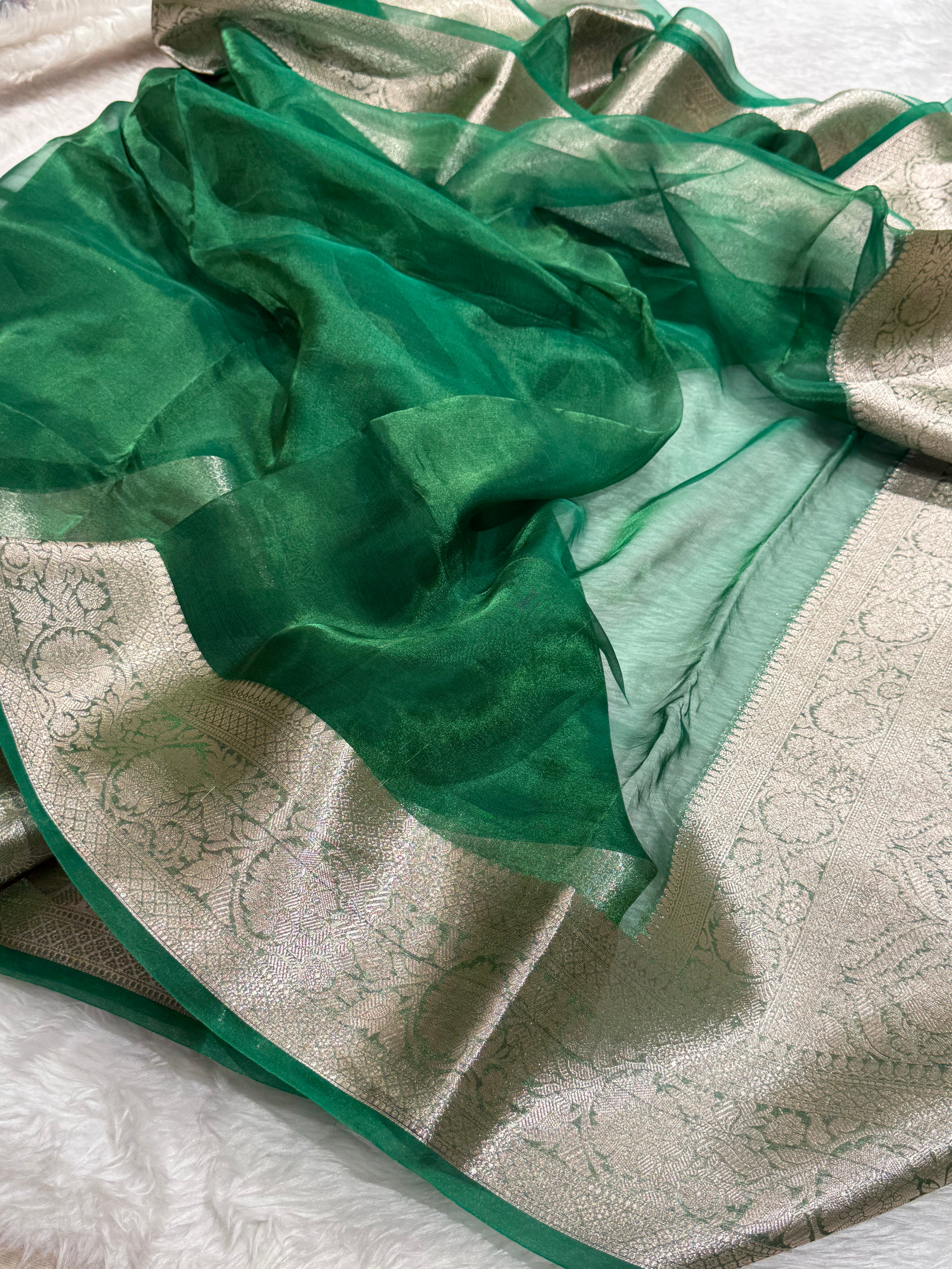 Green Shades Pure Tissue Silk Saree with Brocade Blouse PT-18