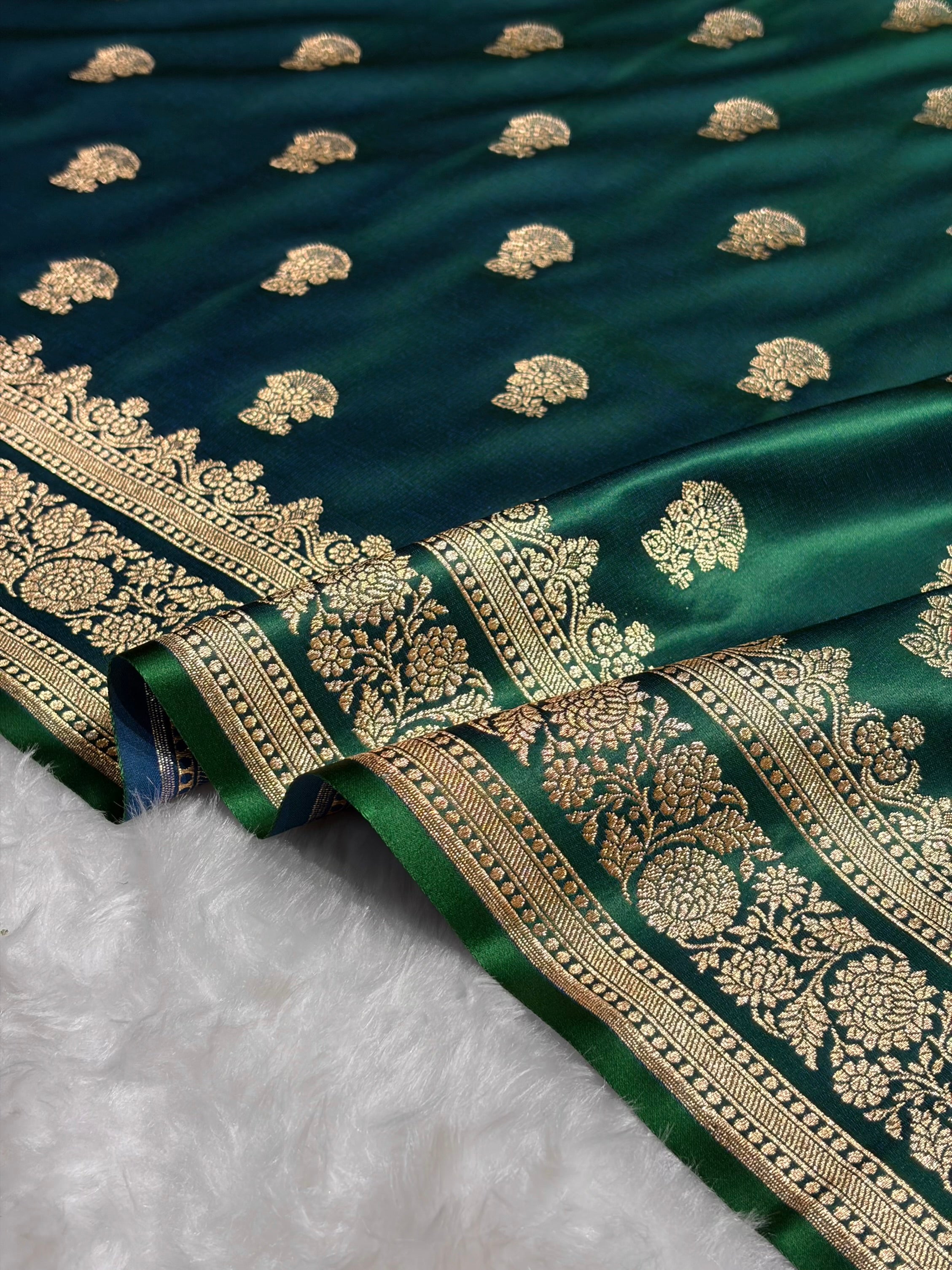 Cross Green Booti Pattern Satin Katan Silk Saree SK49
