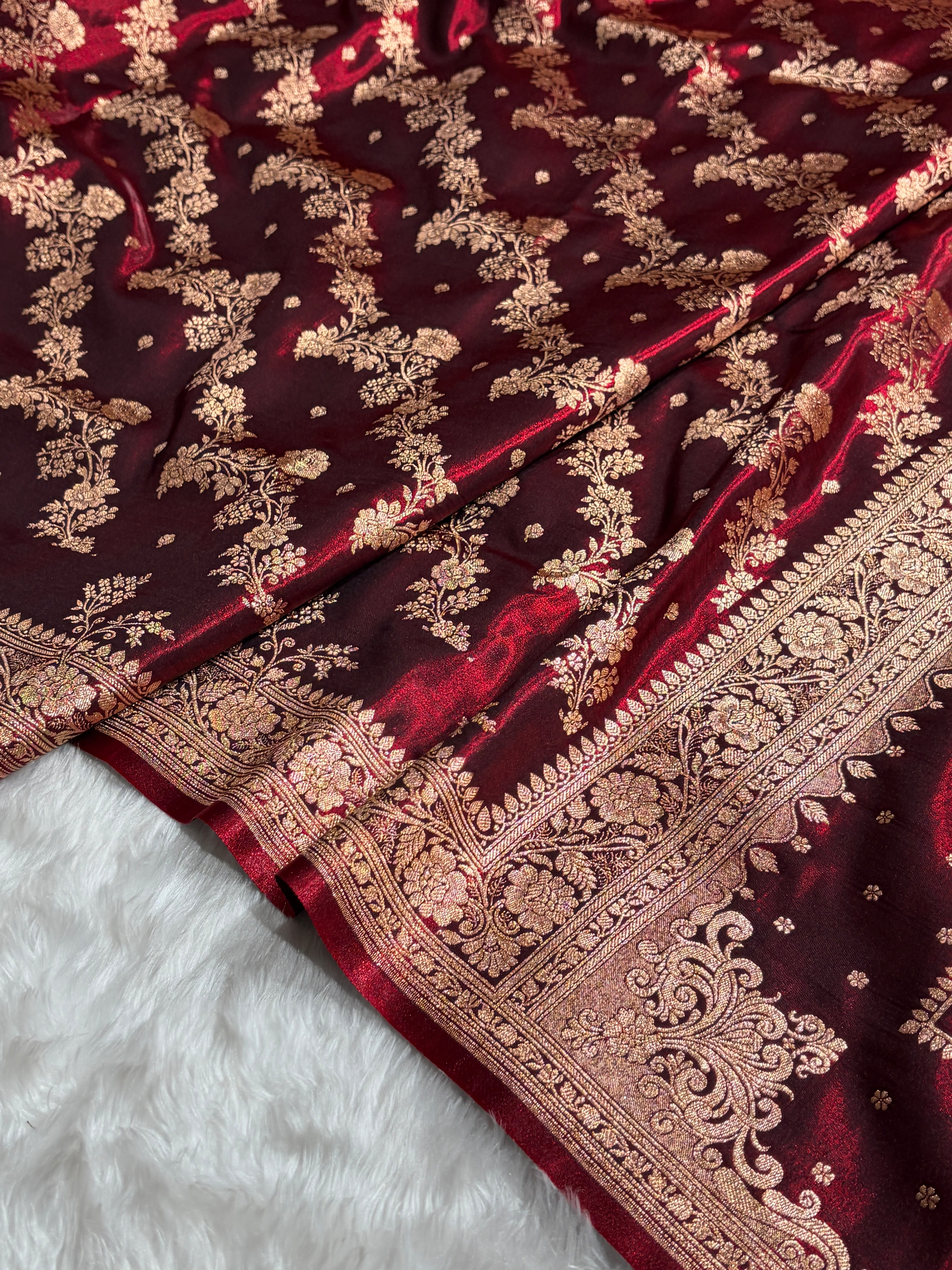 Satin Silk Saree Banarasi Cross with booti In Maroon Shades SS22