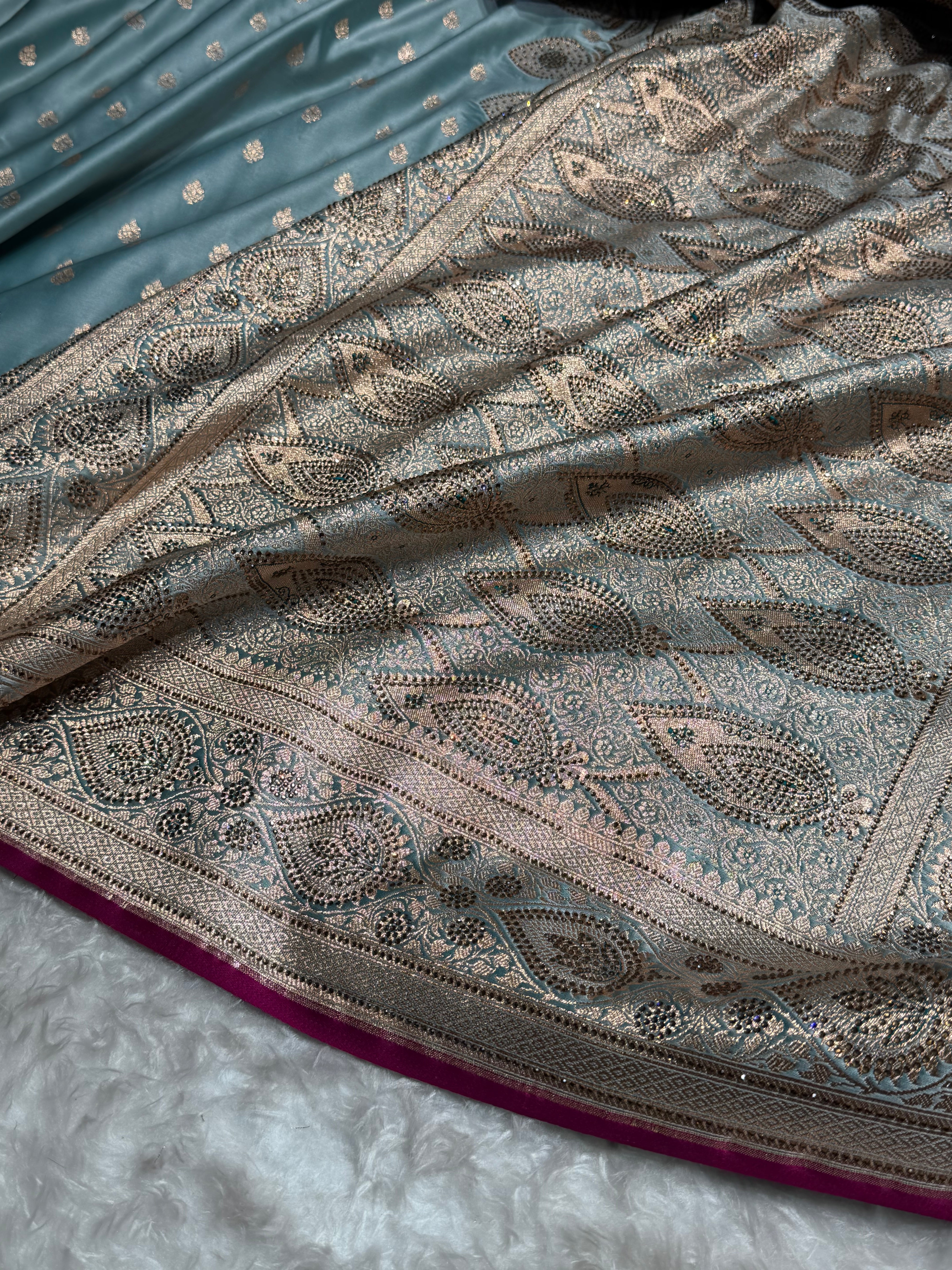 Turquoise Swarovski Work Booti Satin Katan Silk Saree BSK10 (W)