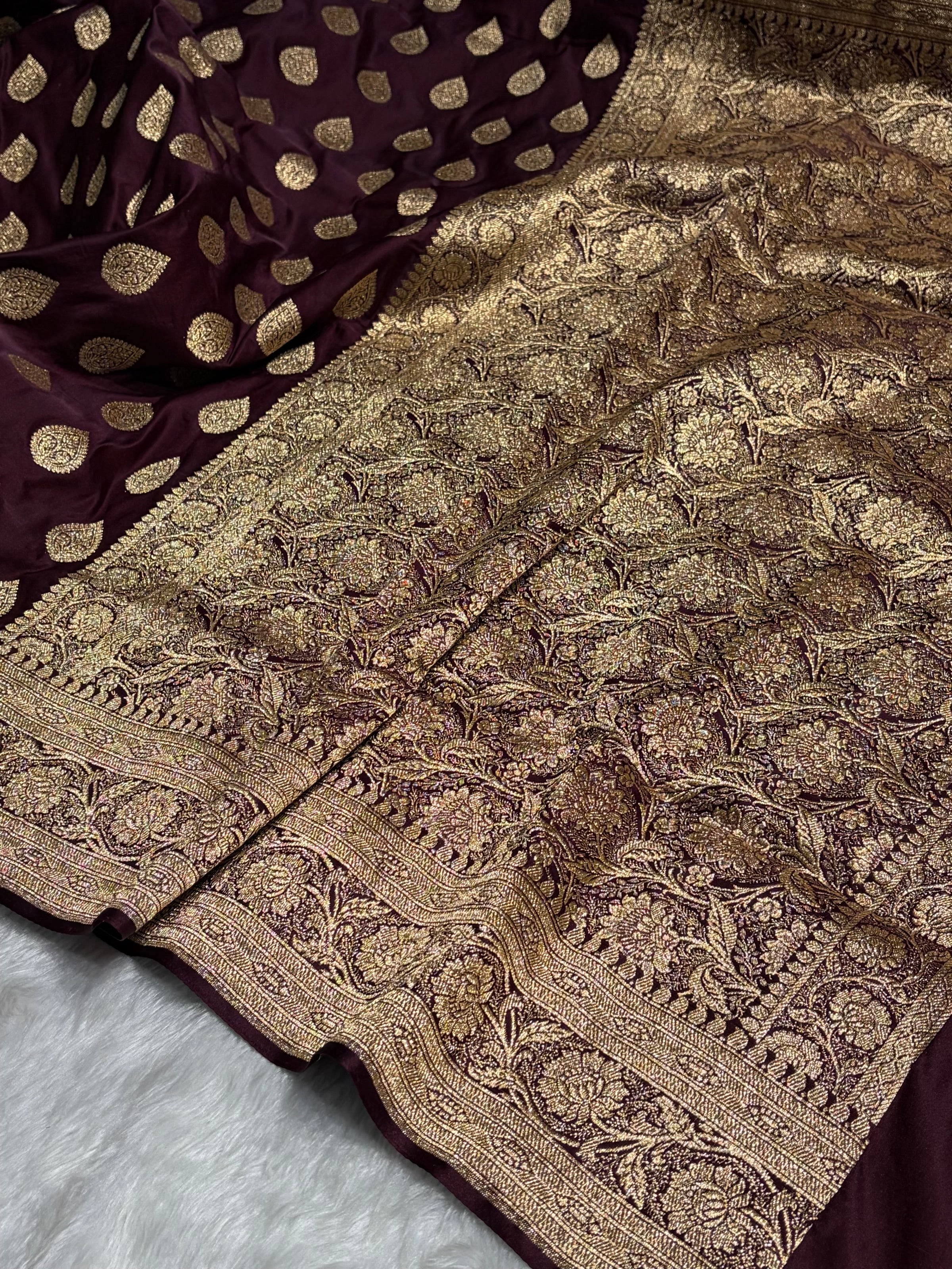 Dark Chocolate Katan Silk Saree In Boota Floral Motif