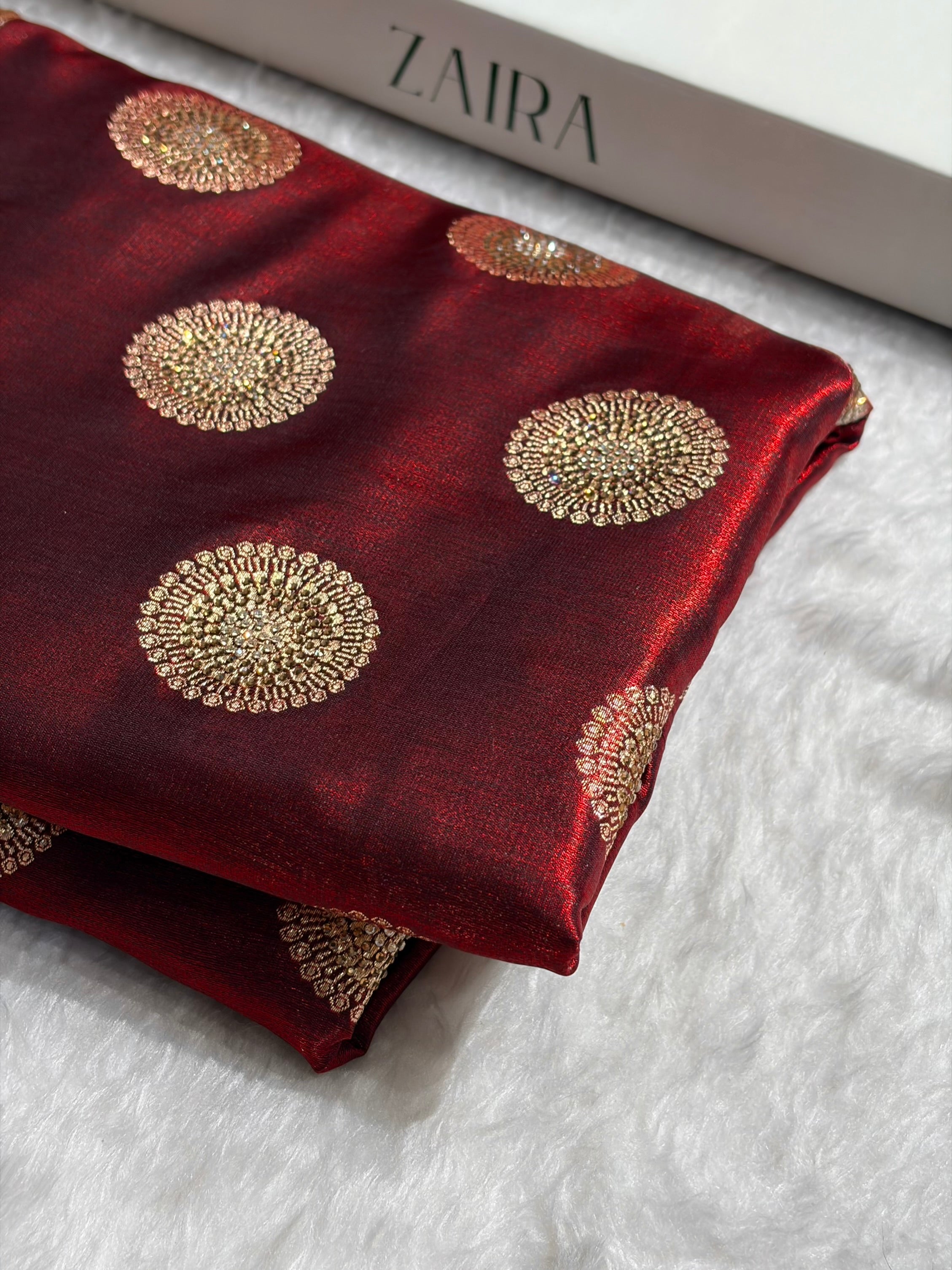 Maroon Shades Banarasi With Swarovski Stone Work Satin Silk Saree BSS33