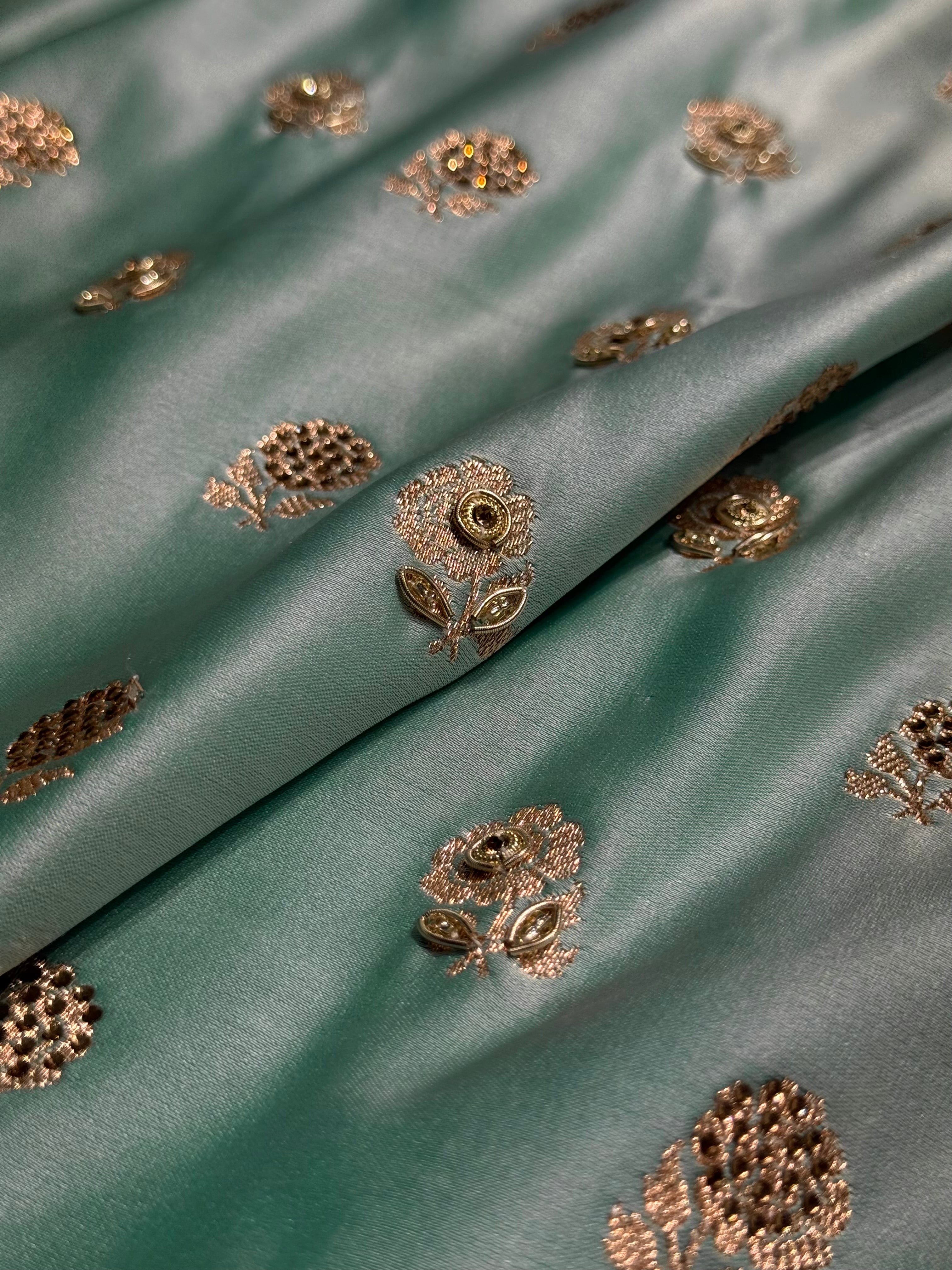 Sea Green Shades Booti Katan Silk Saree with Stone & Zardozi Work BSK12