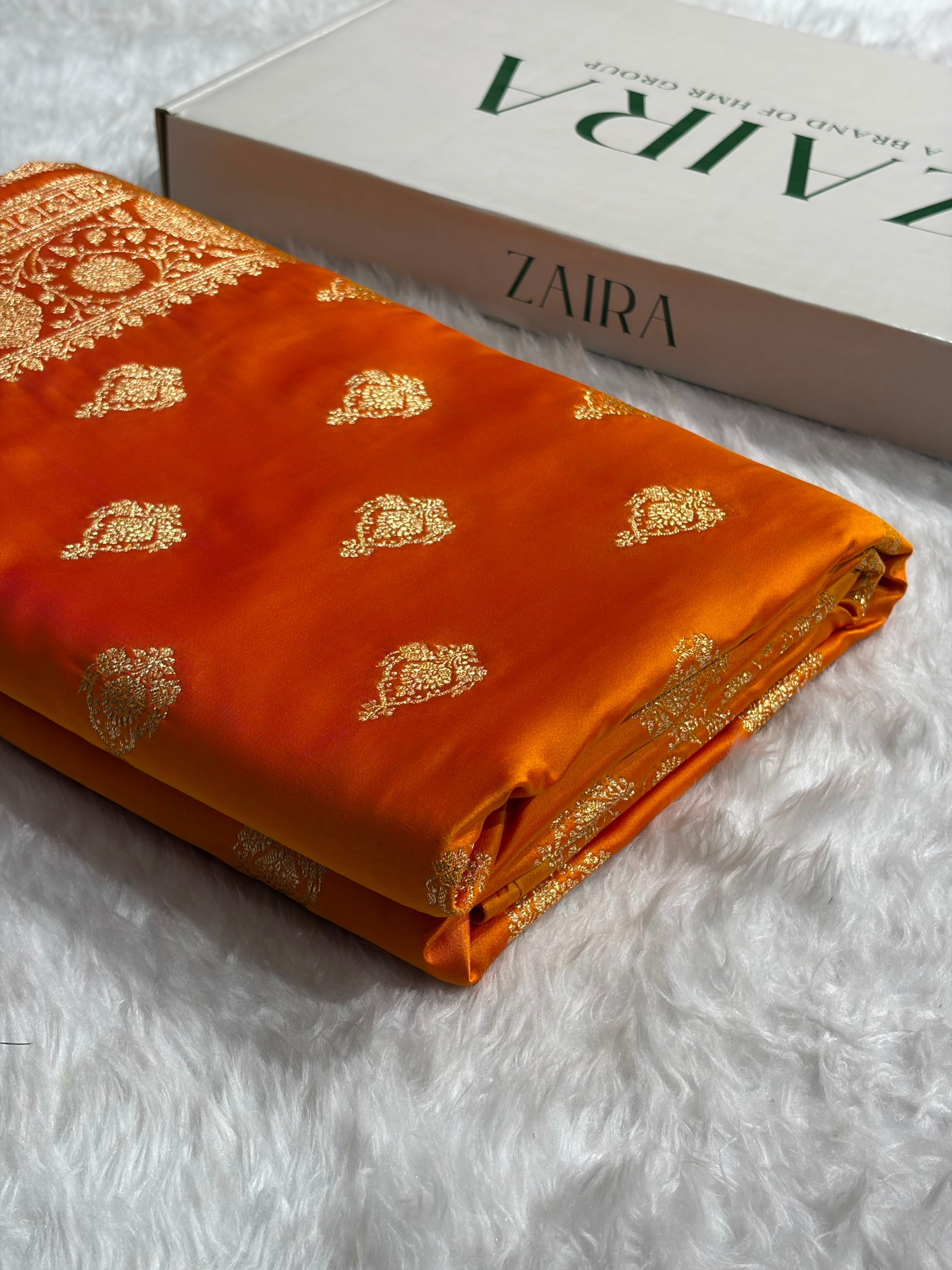 Banarasi Satin Katan Saree With Boota in Fire Gold Shades SK98