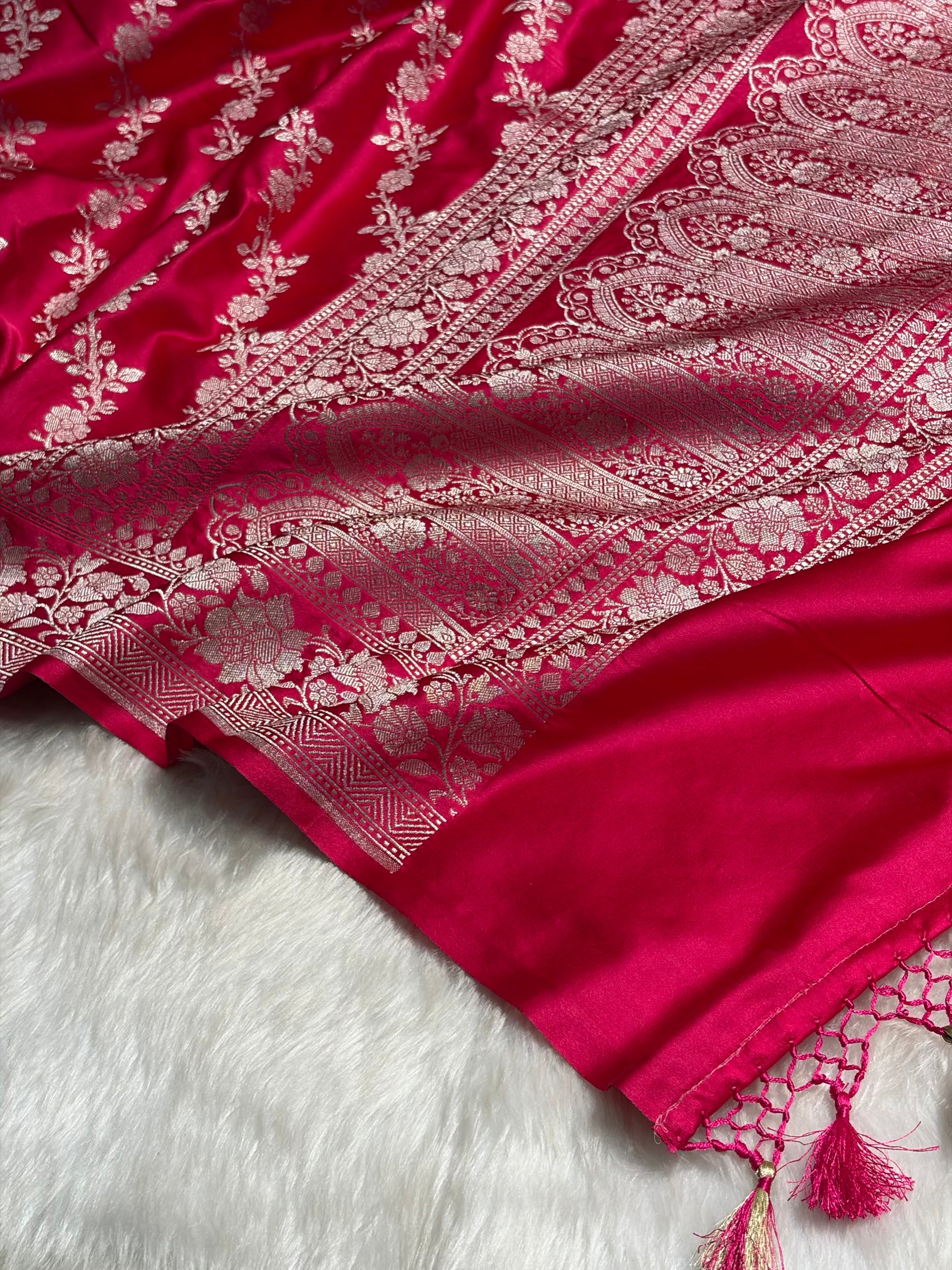 Ruby Pink Shades Banarasi Cross Jaal Mashru Silk Saree MS18